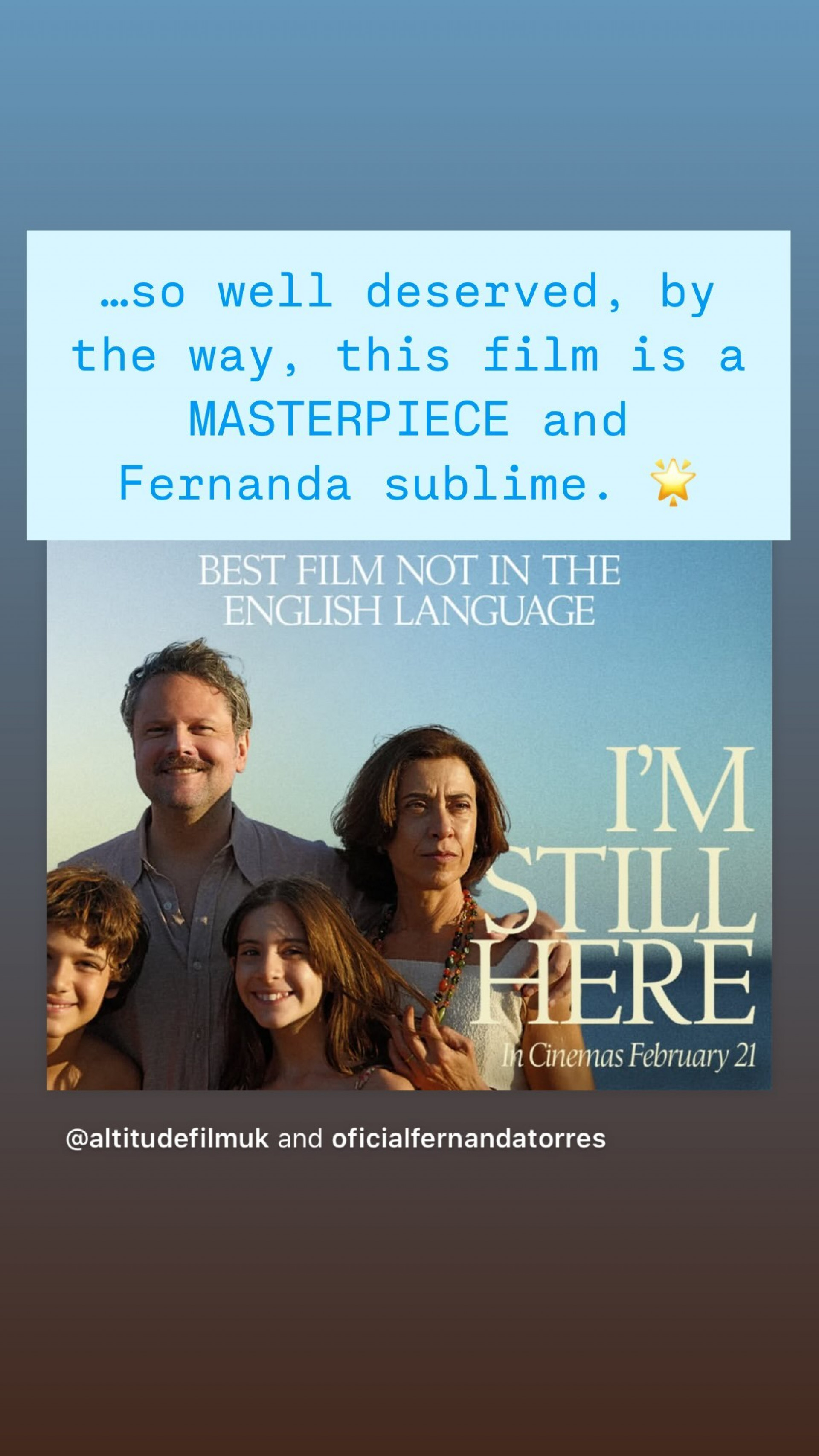 Sandro Kopp, marido de Tilda Swinton, elogia Fernanda Torres e filme 'Ainda Estou Aqui' - Reprodução / Instagram