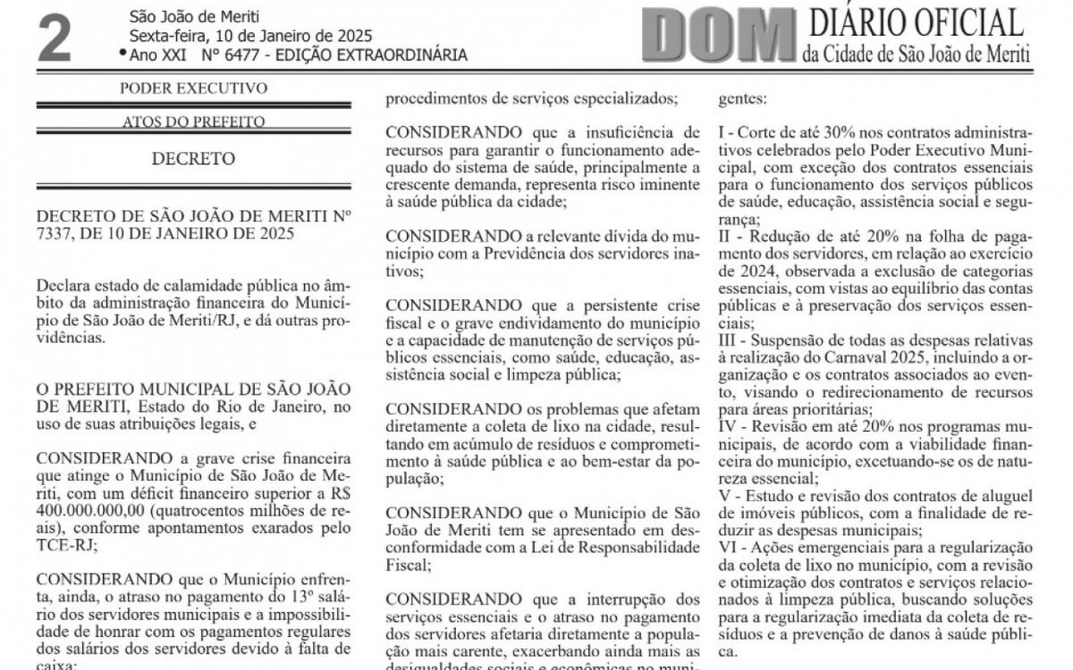 Prefeitura de São João de Meriti decretou estado de calamidade financeira em edição do Diário Oficial