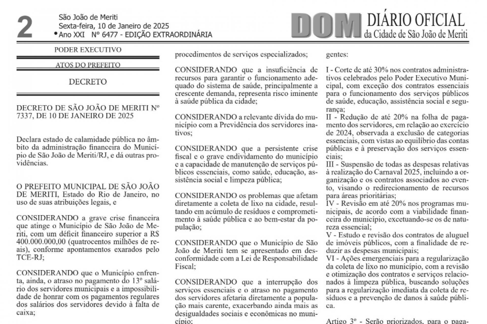 Prefeitura de S&atilde;o Jo&atilde;o de Meriti decretou estado de calamidade financeira em edi&ccedil;&atilde;o do Di&aacute;rio Oficial - Reprodu&ccedil;&atilde;o