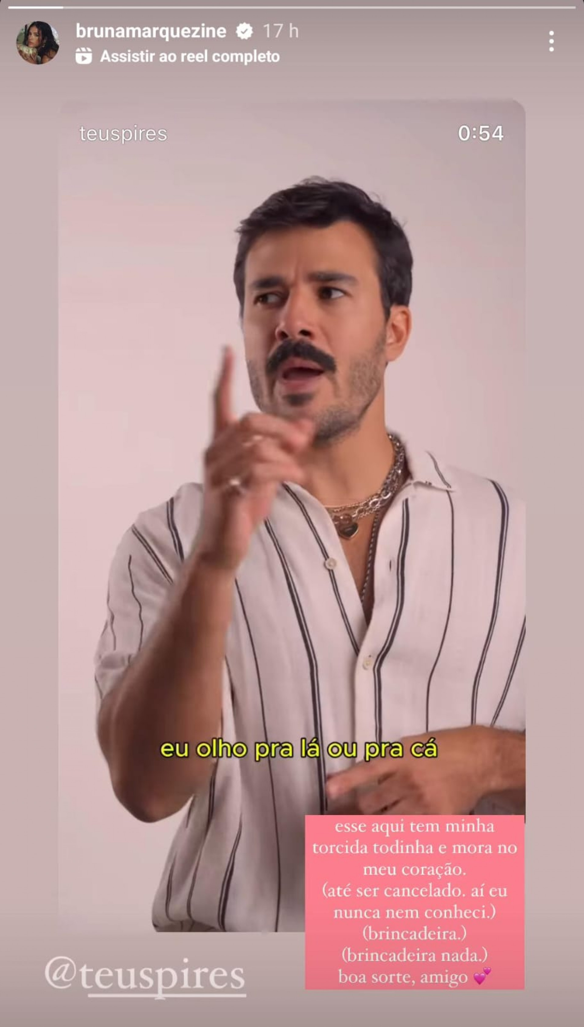 Bruna Marquezine declara torcida para Mateus Pires no 'BBB 25': 'Mora no meu coração'' - Reprodução / Instagram