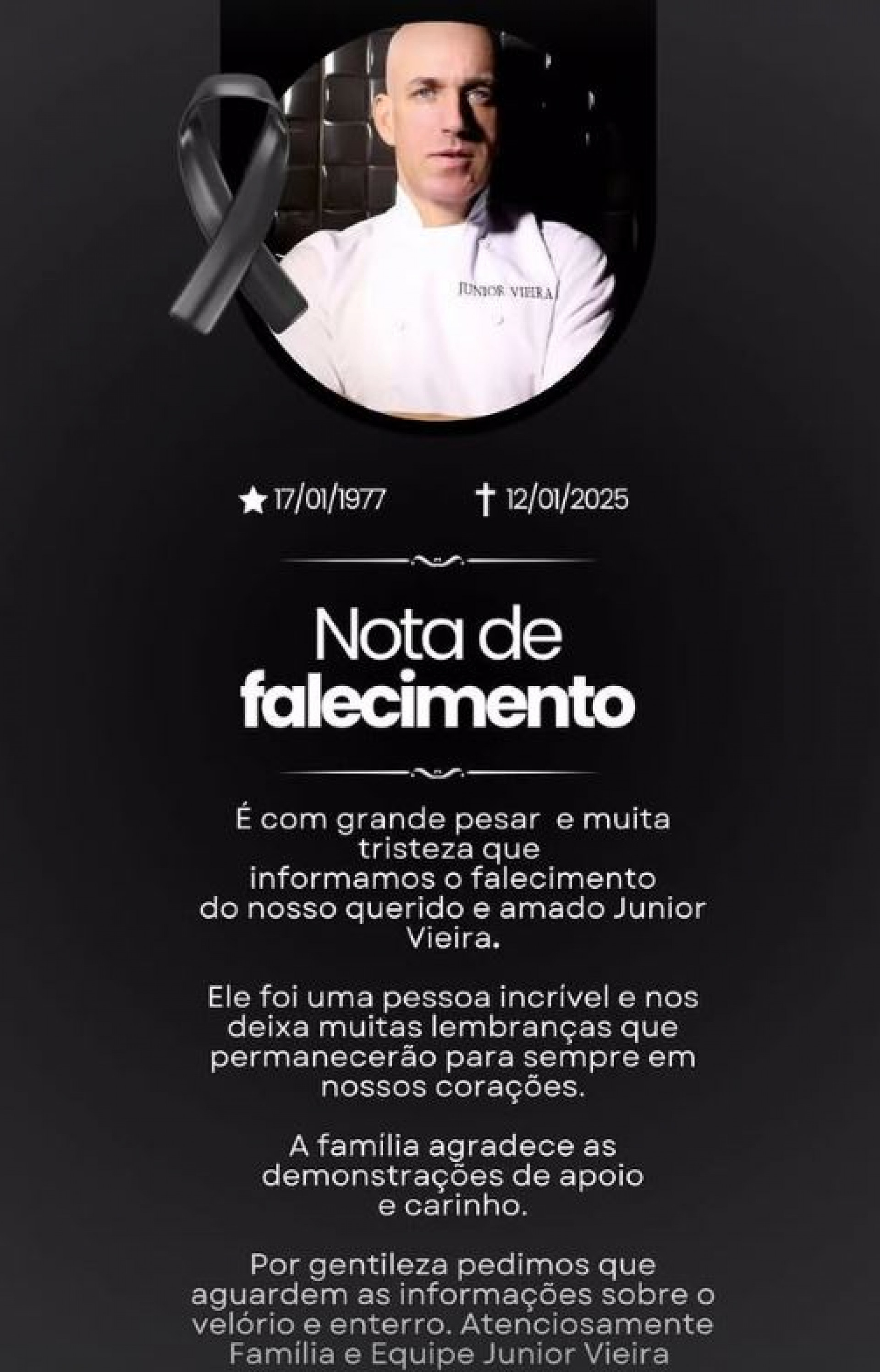 Nota de falecimento publicada pela família nas redes sociais - Reprodução / Instagram