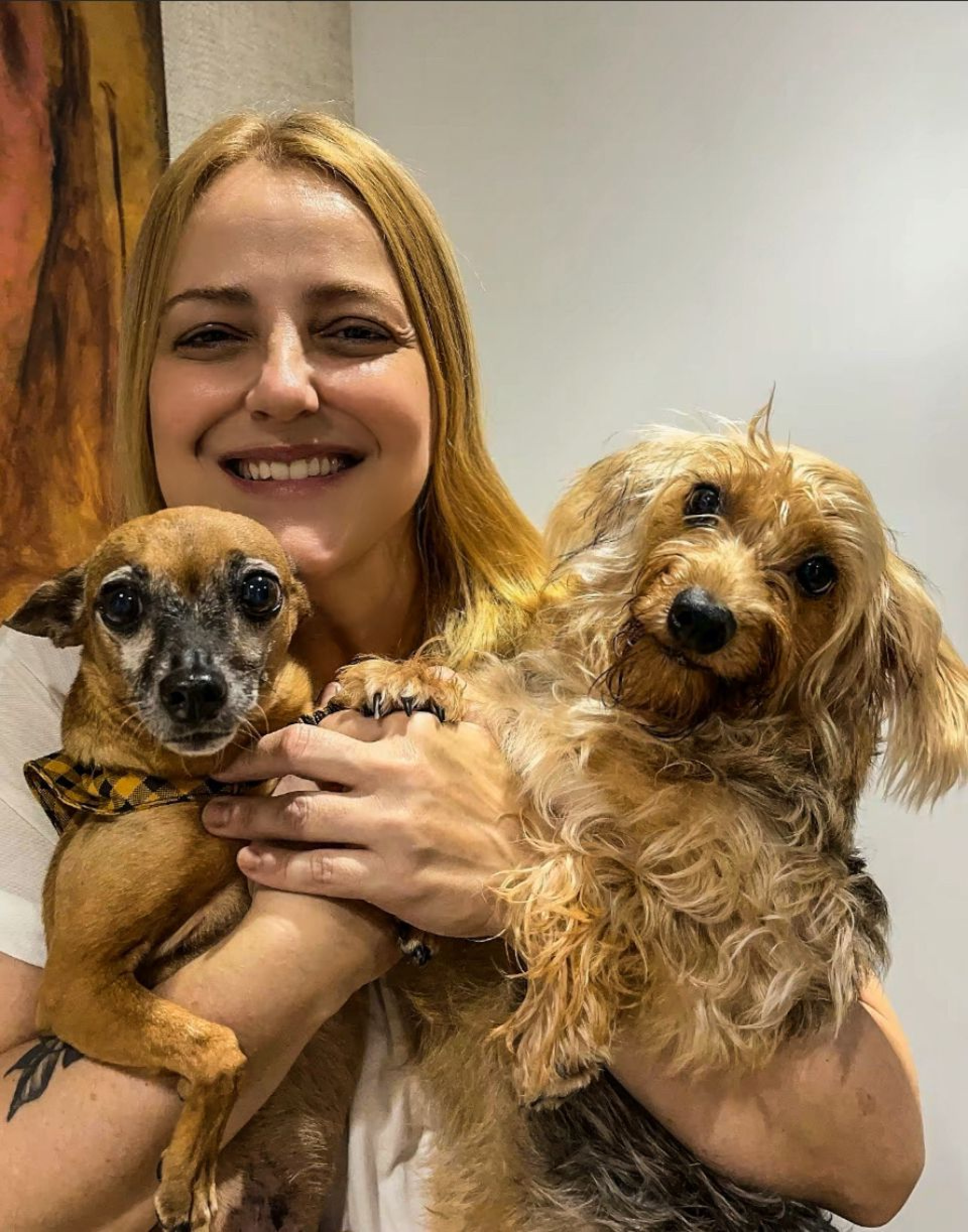 A enfermeira Ana Paula Santos e seus dois "terapeutas" de quatro patas, Pitoco e Cebolinha - Divulga&ccedil;&atilde;o