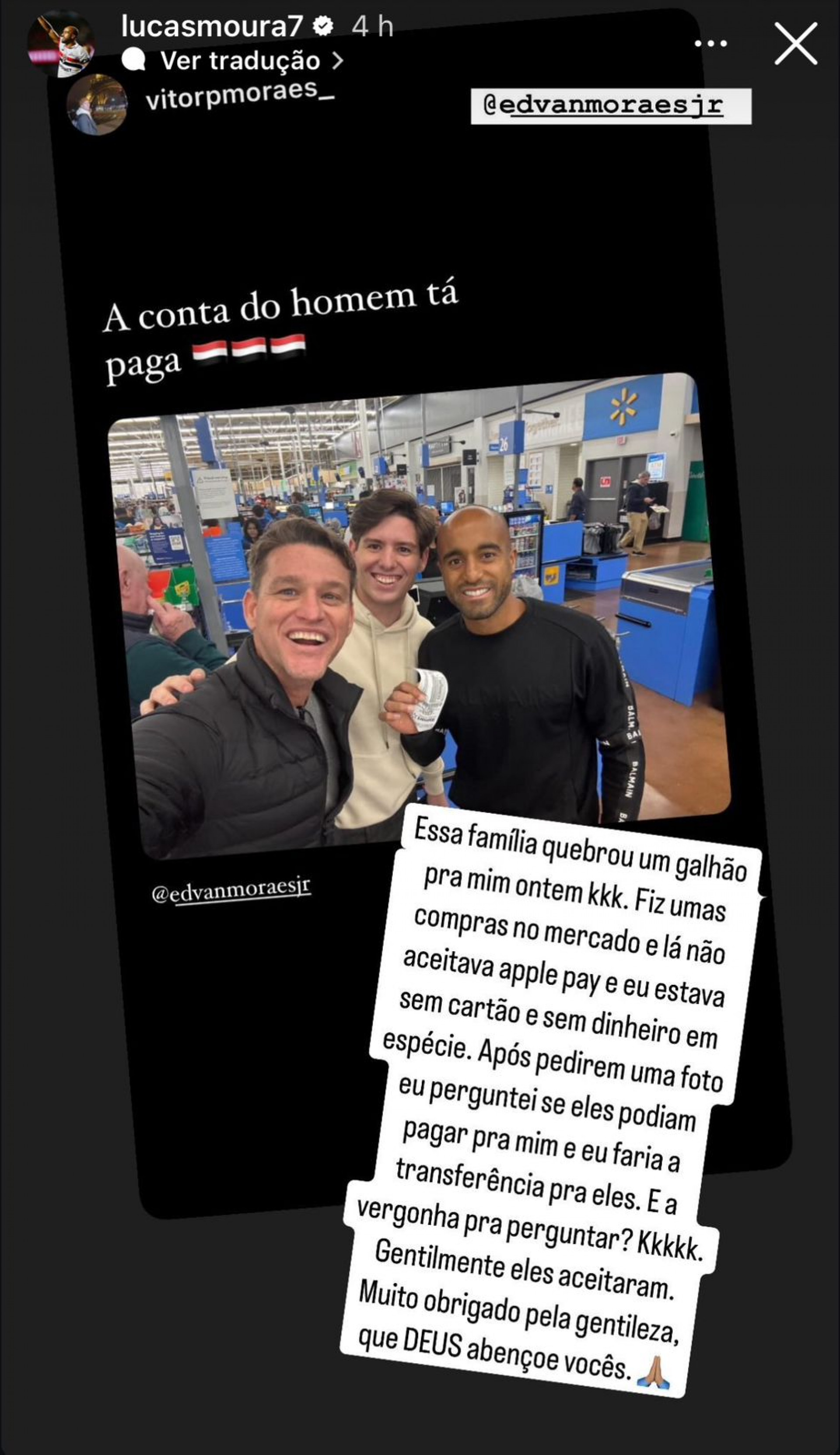 Post de Lucas Moura no story do Instagram - Reprodu&ccedil;&atilde;o/Instagram @lucasmoura7