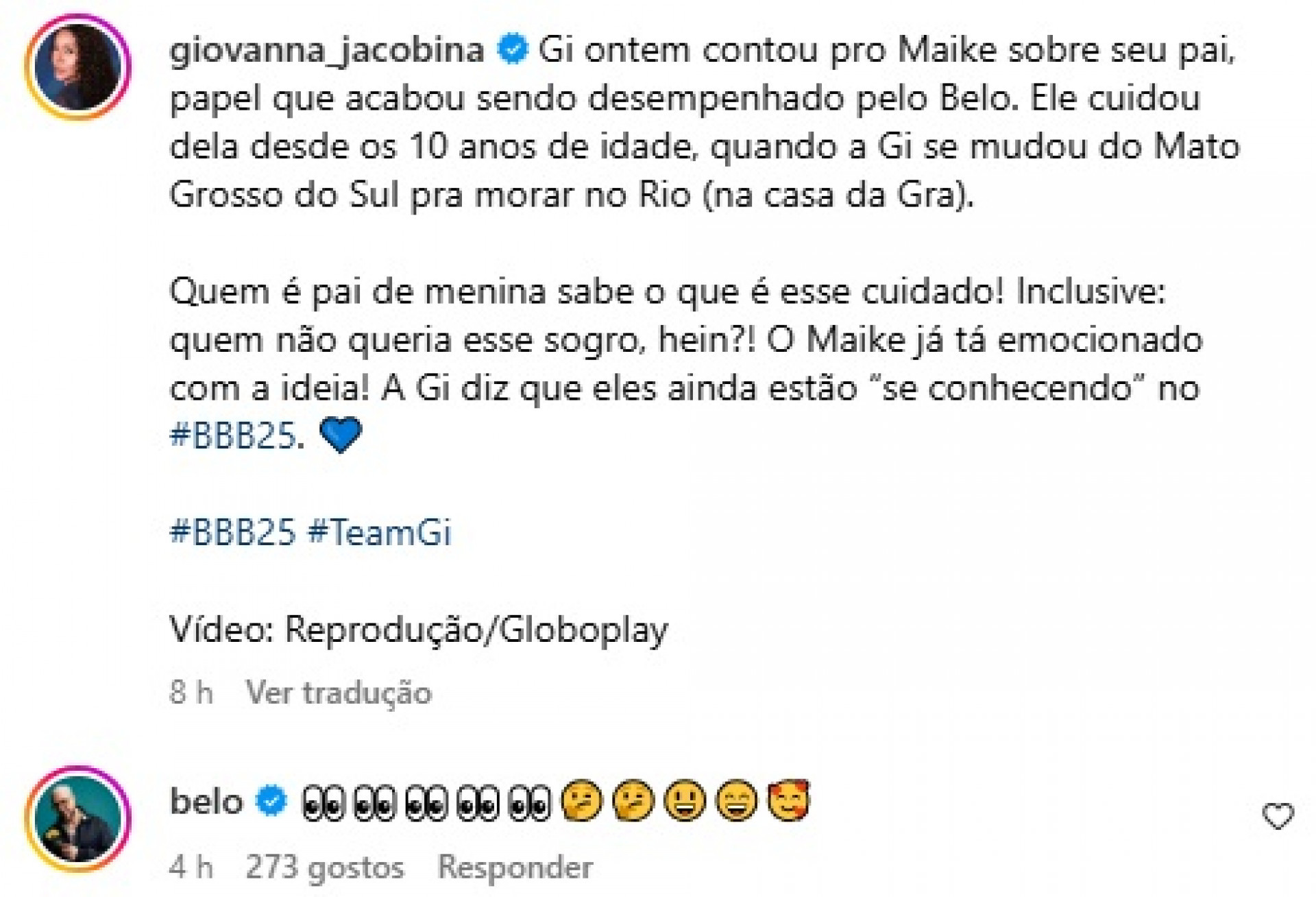 Belo deixou comentário em postagem da ex-cunhada, Giovanna Jacobina - Reprodução/Instagram