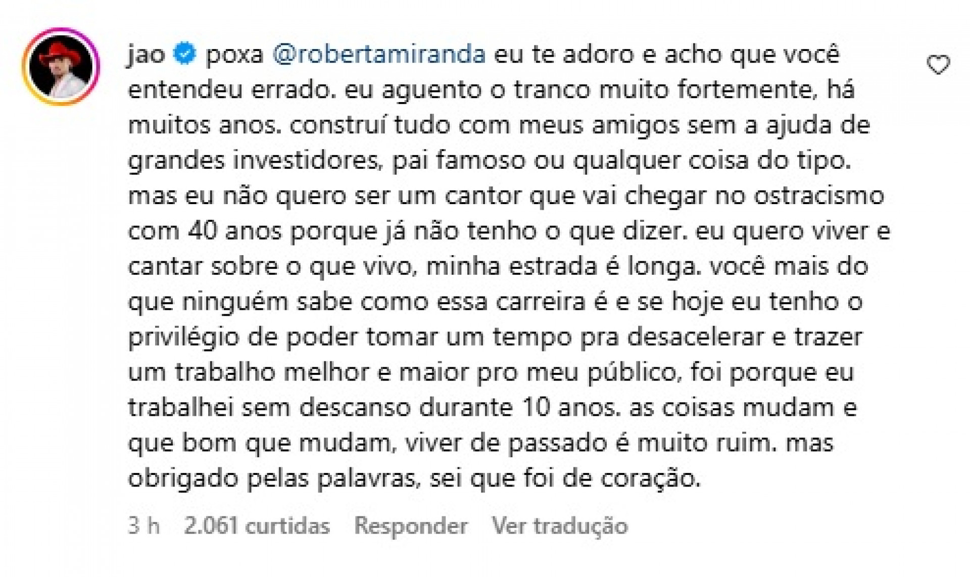 Jão rebateu comentário de Roberta Miranda - Reprodução/Instagram
