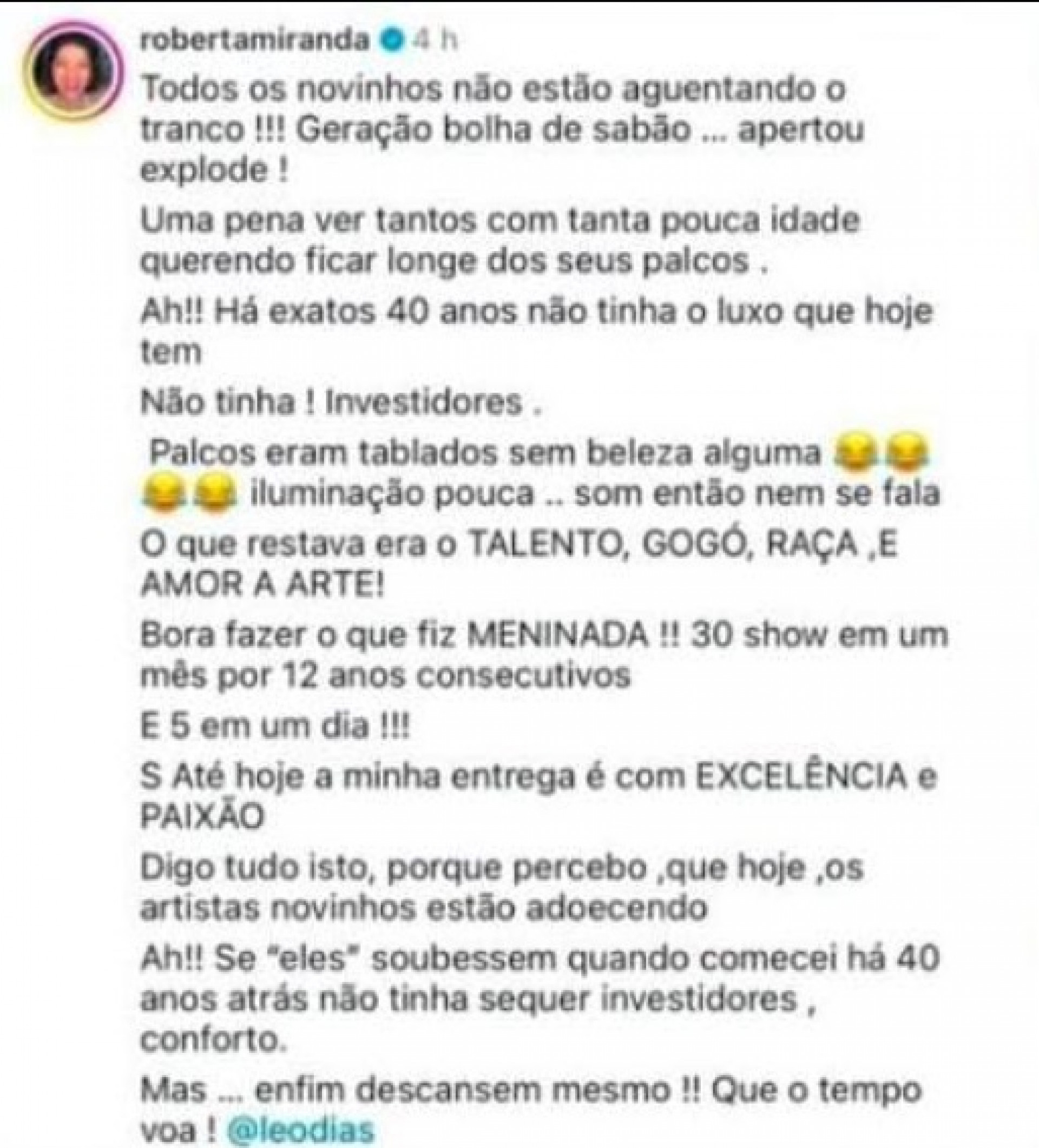 Roberta Miranda criticou pausa na carreira de Jão - Reprodução/Instagram