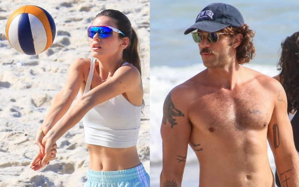 Camila Queiroz e Chay Suede se exercitam em praias no Rio