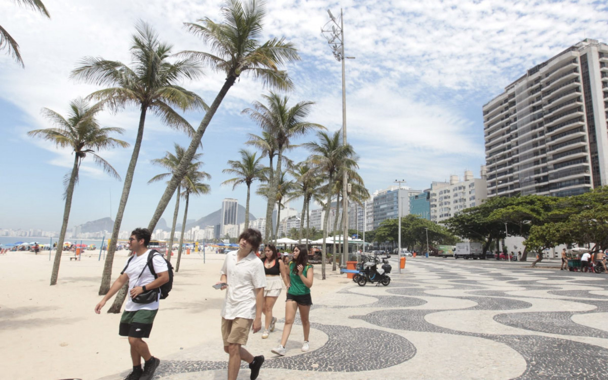 Cariocas e turistas aproveitam manhã de calor intenso na orla da Praia do Leme 