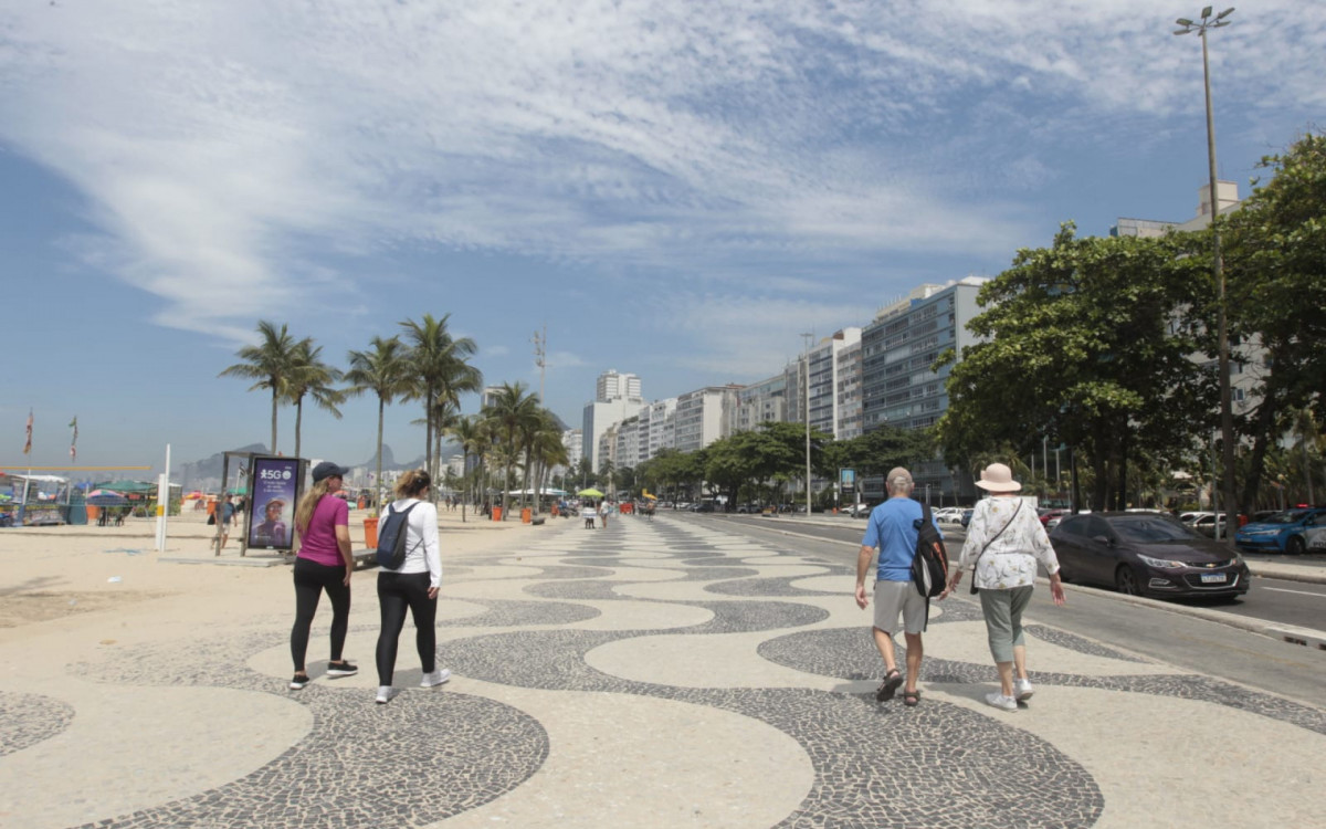 Cariocas e turistas aproveitam manhã de calor intenso na orla da Praia do Leme 