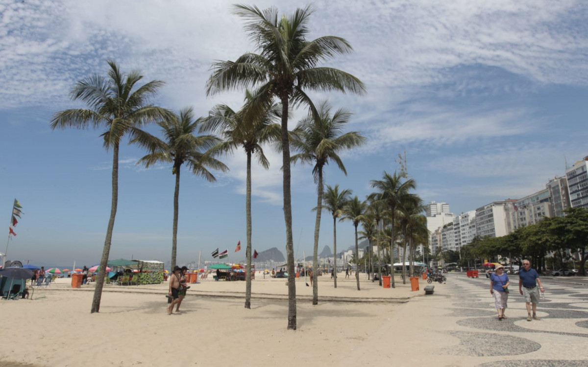 Cariocas e turistas aproveitam manhã de calor intenso na orla da Praia do Leme 