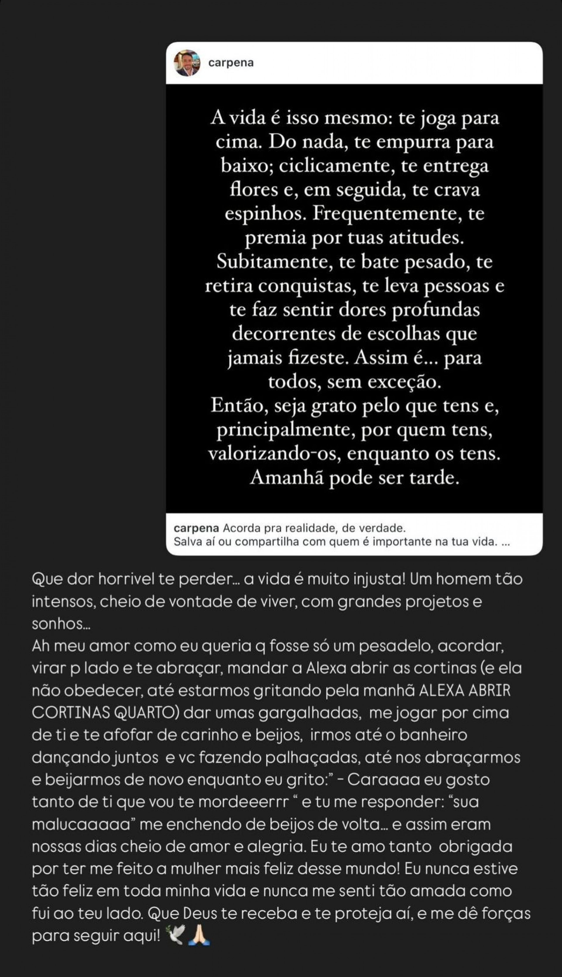 Publicação de Francieli em rede social