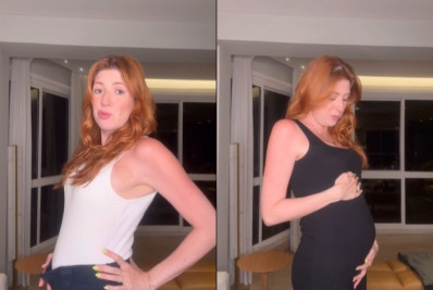 Dani Calabresa experimenta roupas novas e exibe barriguinha da gestação