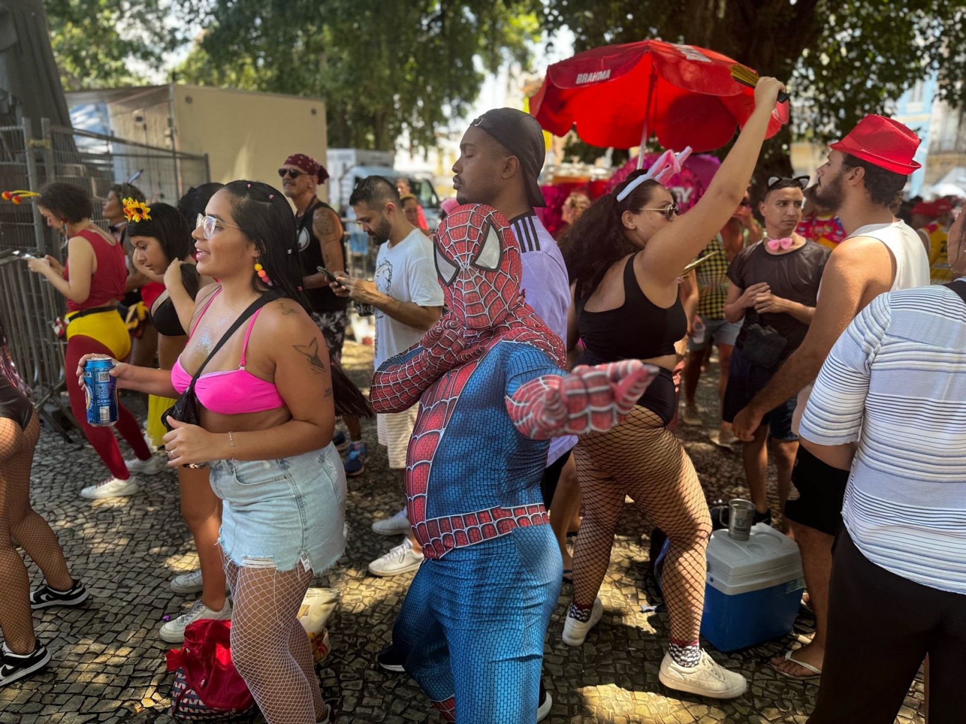 Foliões caracterizados como super-heróis e personagens pop no bloco