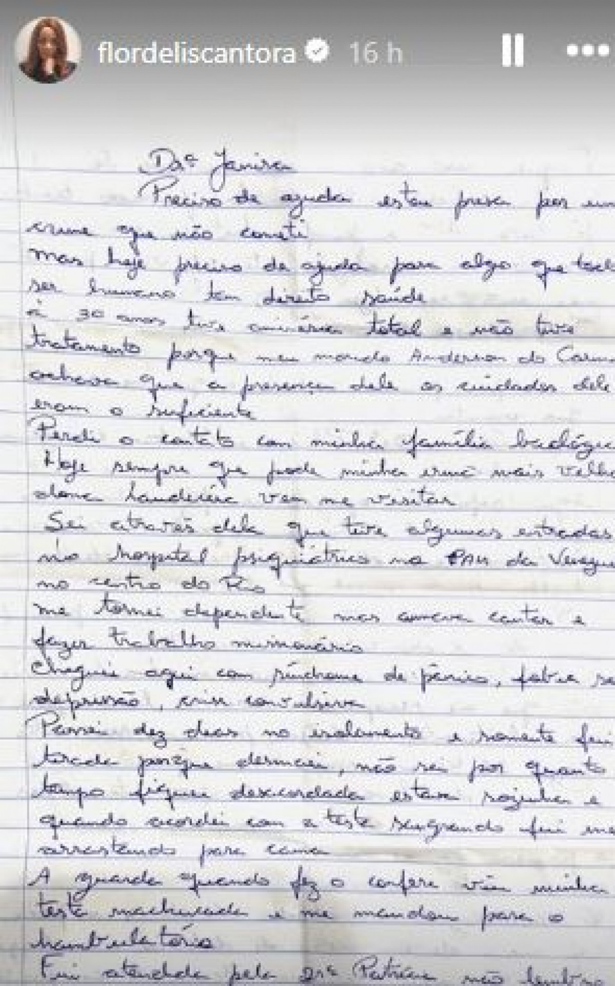 Flordelis escreve carta à mão na prisão - Rede Social