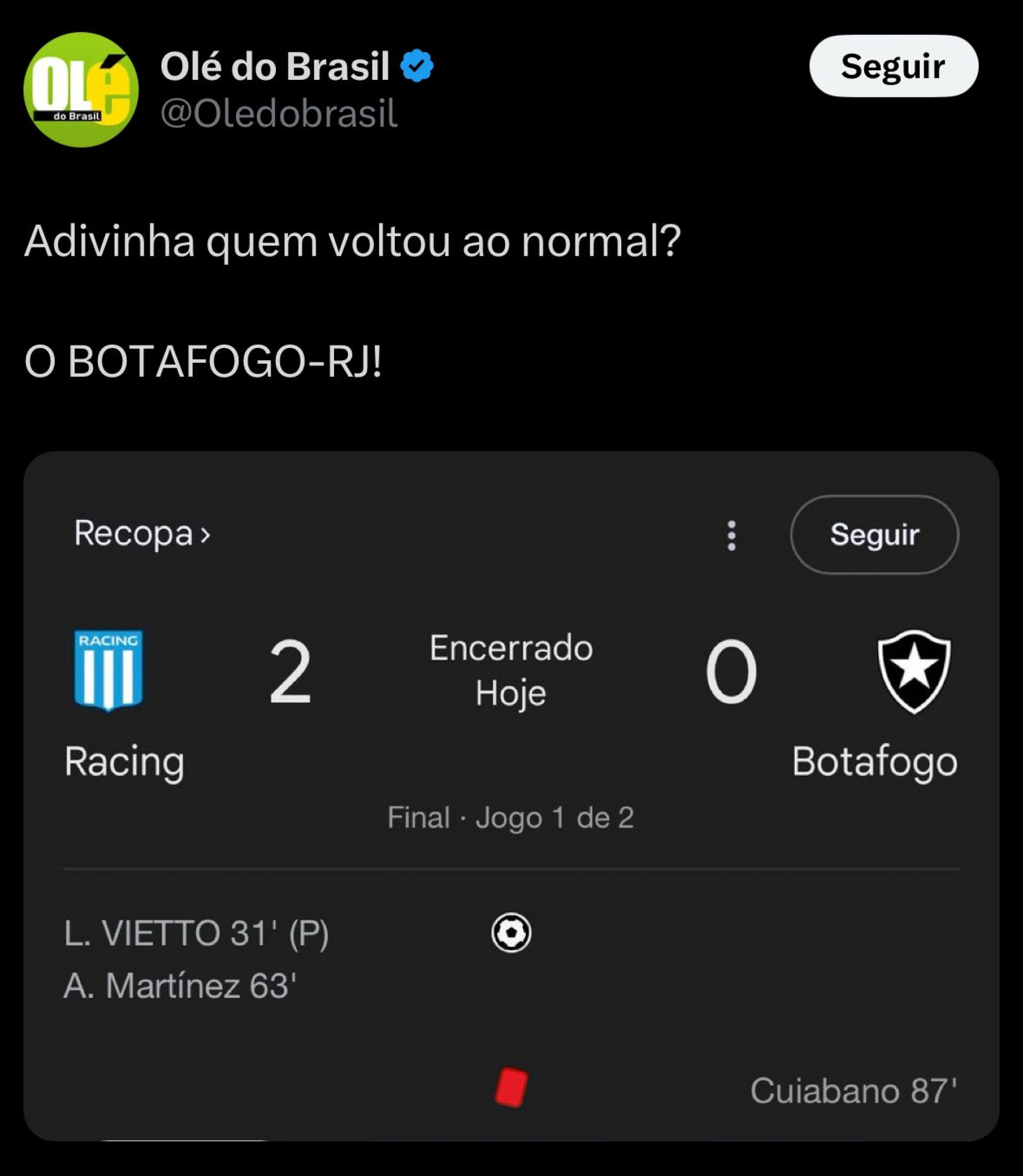 Memes da derrota do Botafogo para o Racing - Reprodução