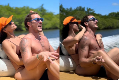 Allan Souza Lima e Débora Nascimento curtem momento romântico em passeio de lancha