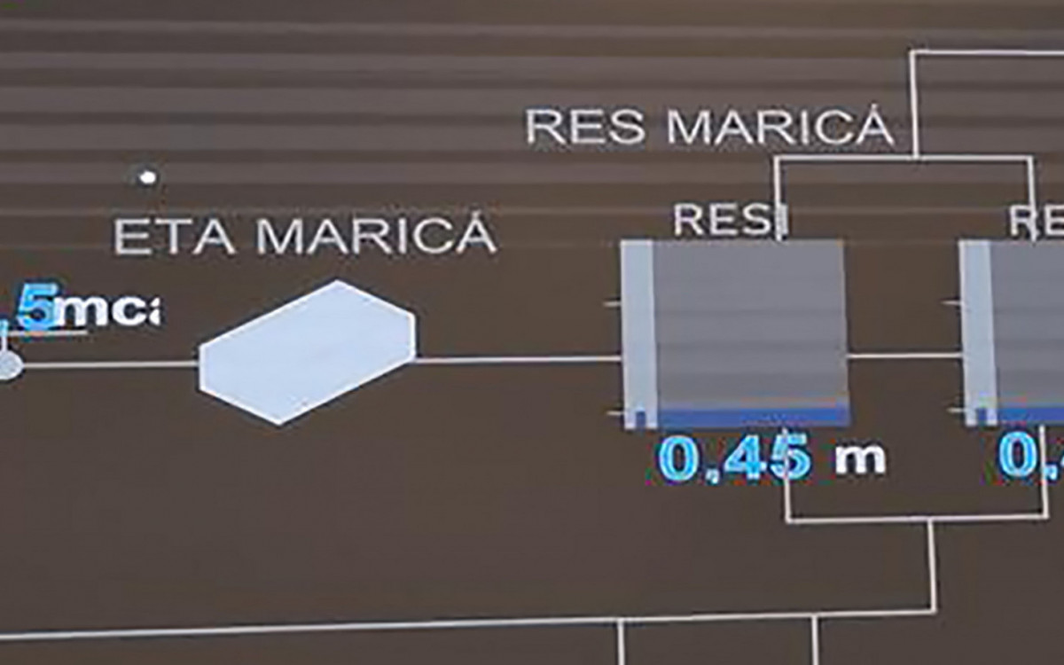 Imagem do painel do Centro de Operações Integradas da Águas do Rio indica volume do reservatório da Estação de Tratamento de Água de Maricá abaixo de meio metro.