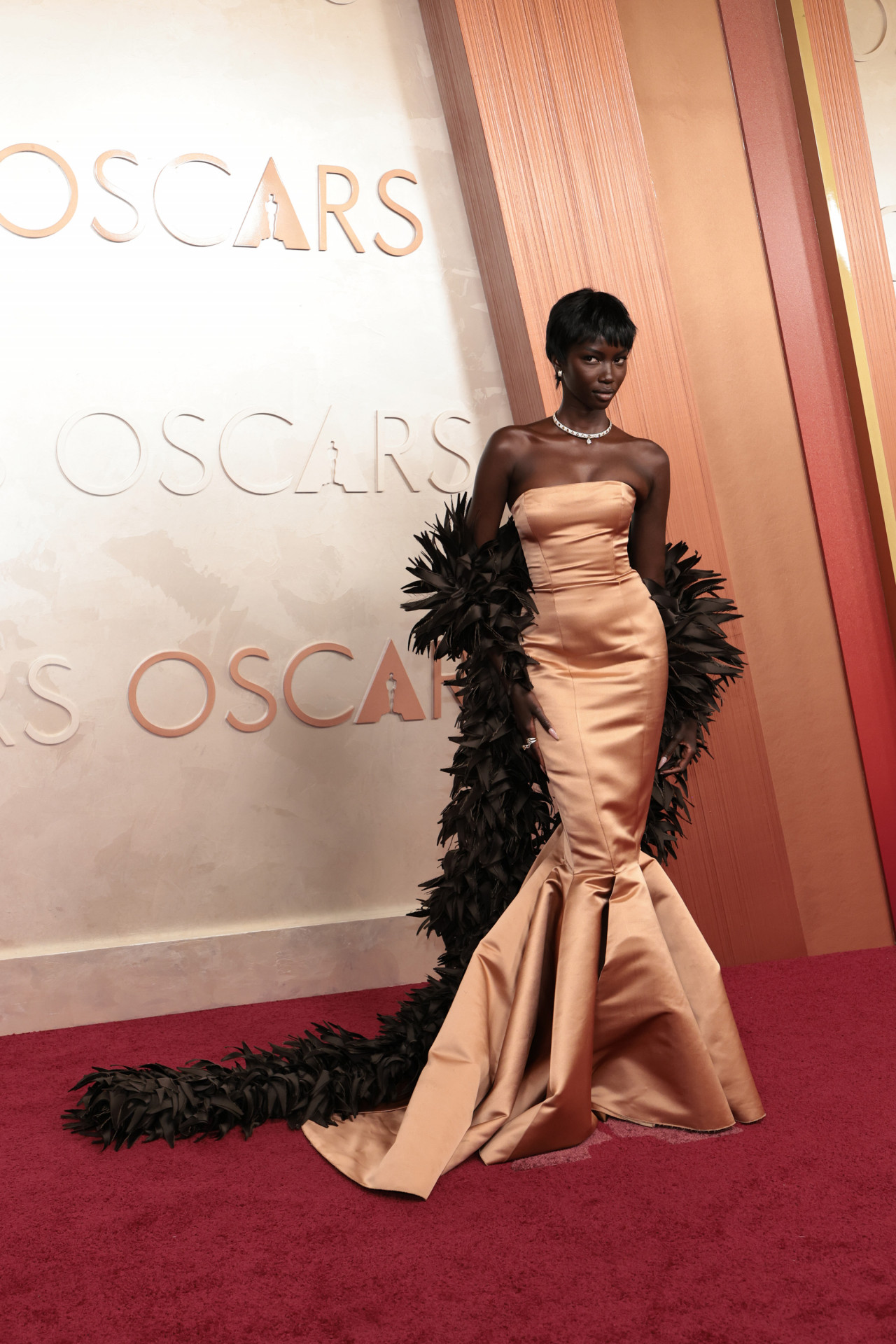 Modelo americana Anok Yai cruza o tapete vermelho com um vestido longo  de silhueta de sereia da Marni - Reprodução