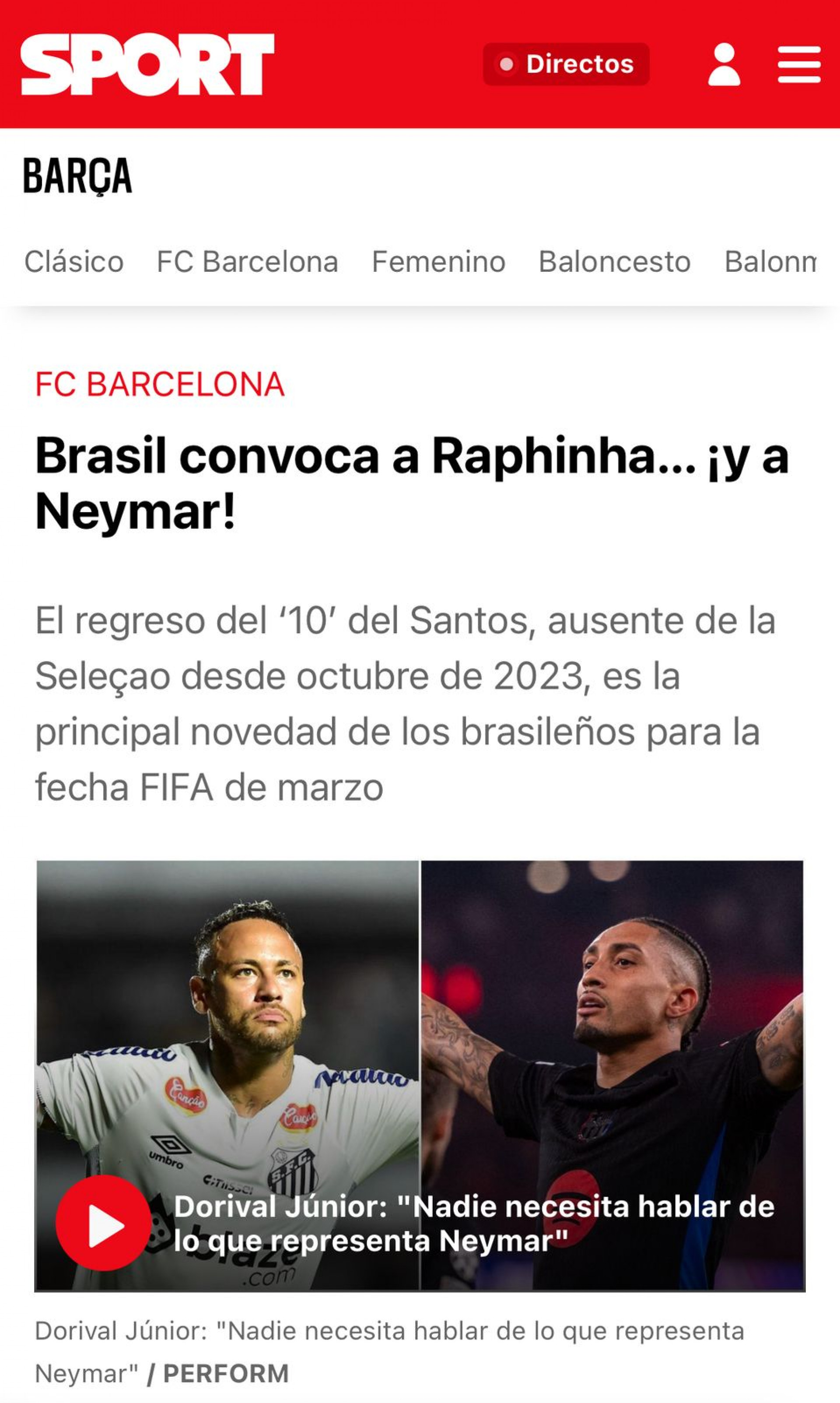 Repercuss&atilde;o da convoca&ccedil;&atilde;o de Neymar na Espanha - Reprodu&ccedil;&atilde;o/Sport