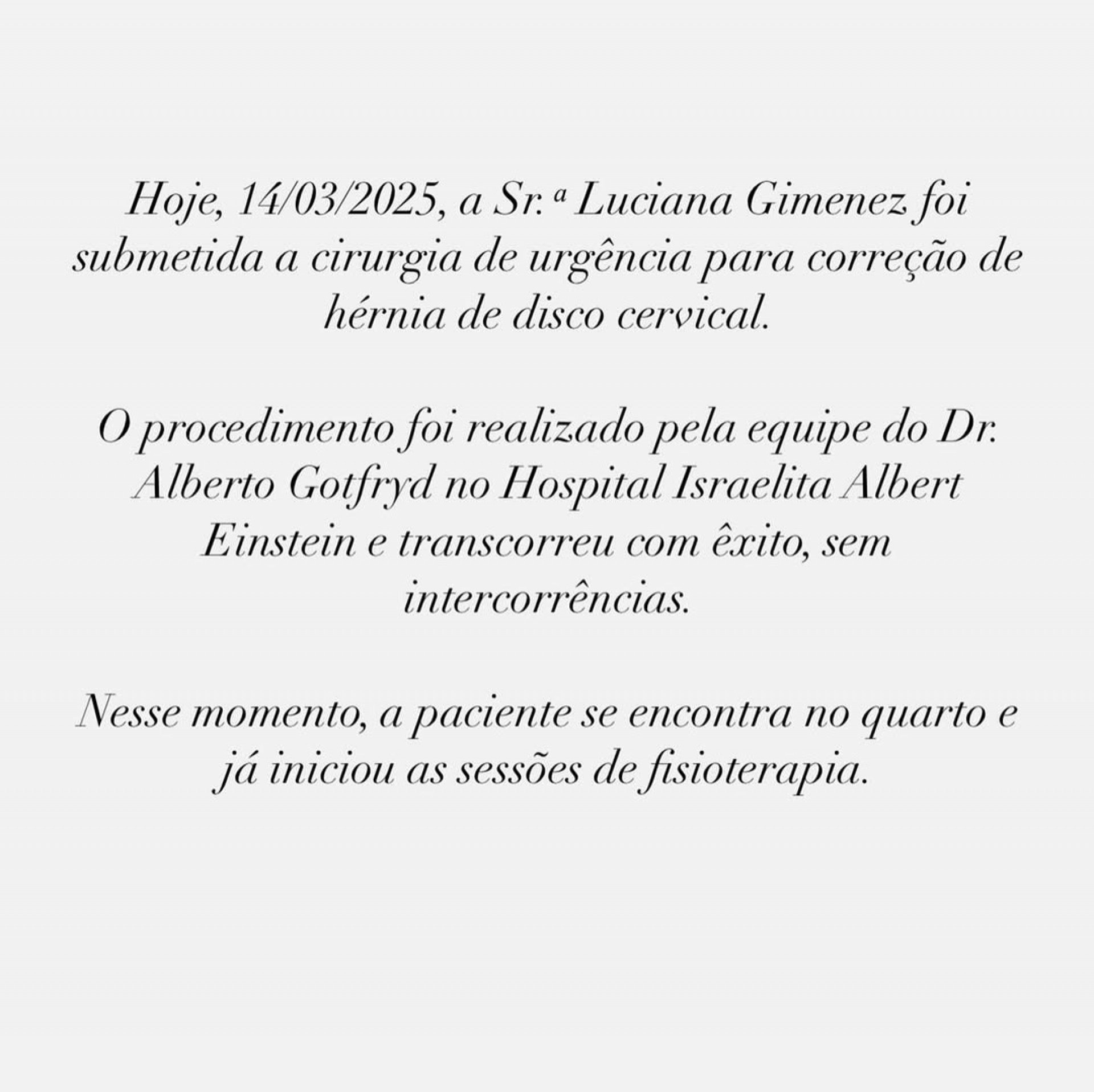 Boletim médico sobre estado de saúde de Luciana Gimenez - Reprodução/Instagram