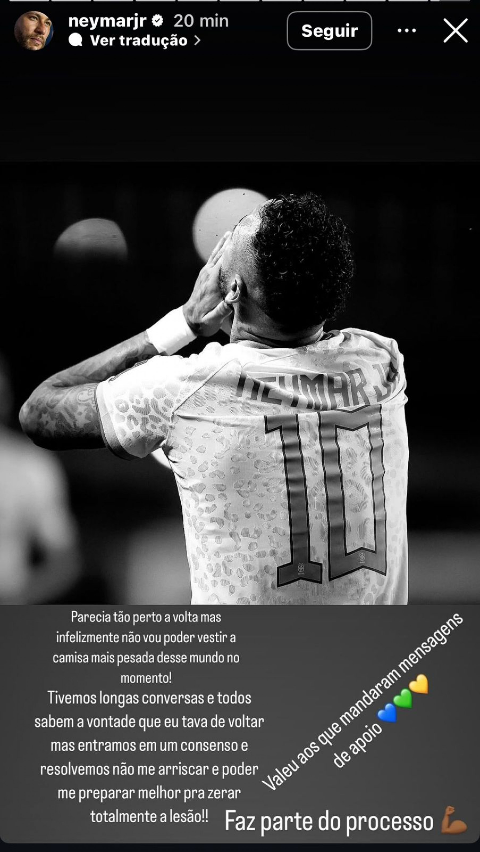 Publica&ccedil;&atilde;o de Neymar lamentando corte da Sele&ccedil;&atilde;o por les&atilde;o - Reprodu&ccedil;&atilde;o/Redes sociais