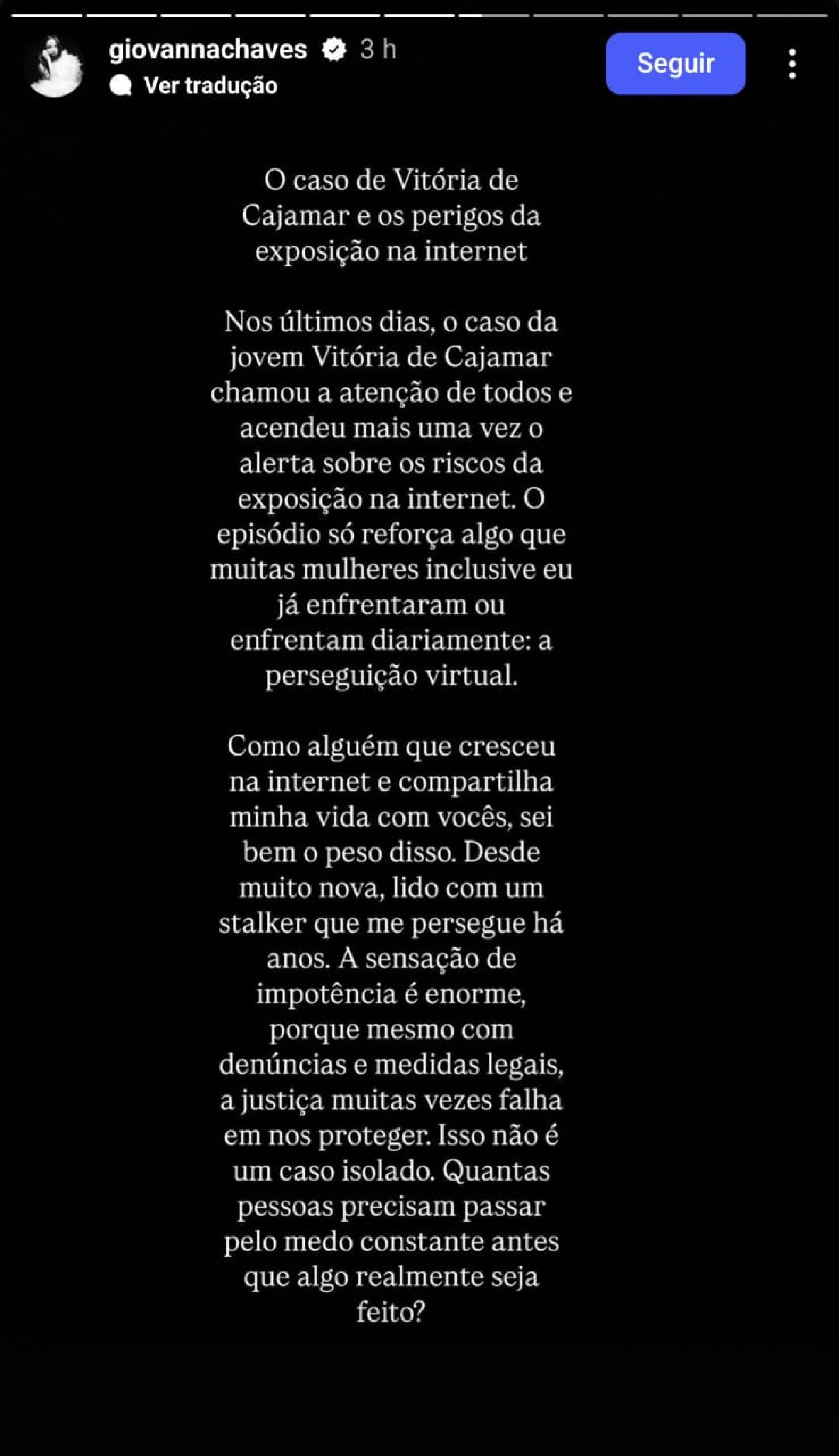 Giovanna Chaves relata perseguição de stalker há anos - Reprodução / Instagram