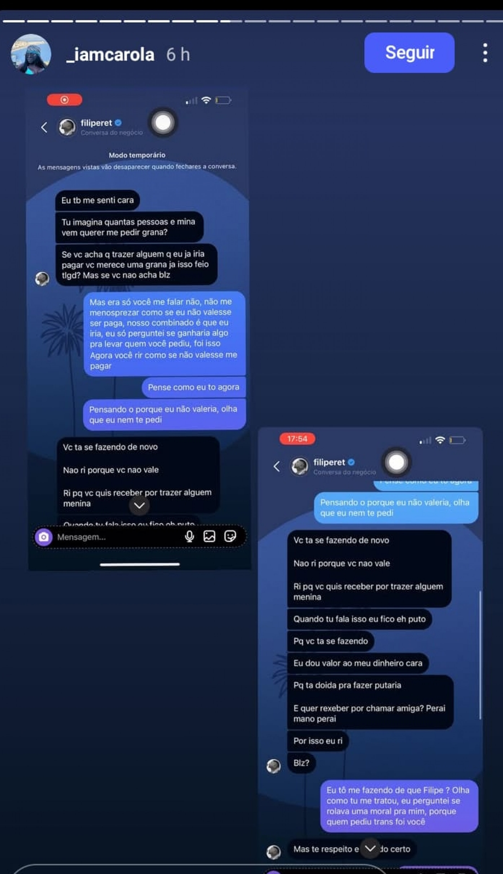Os prints foram compartilhados pela modelo no próprio Instagram - Reprodução/Instagram