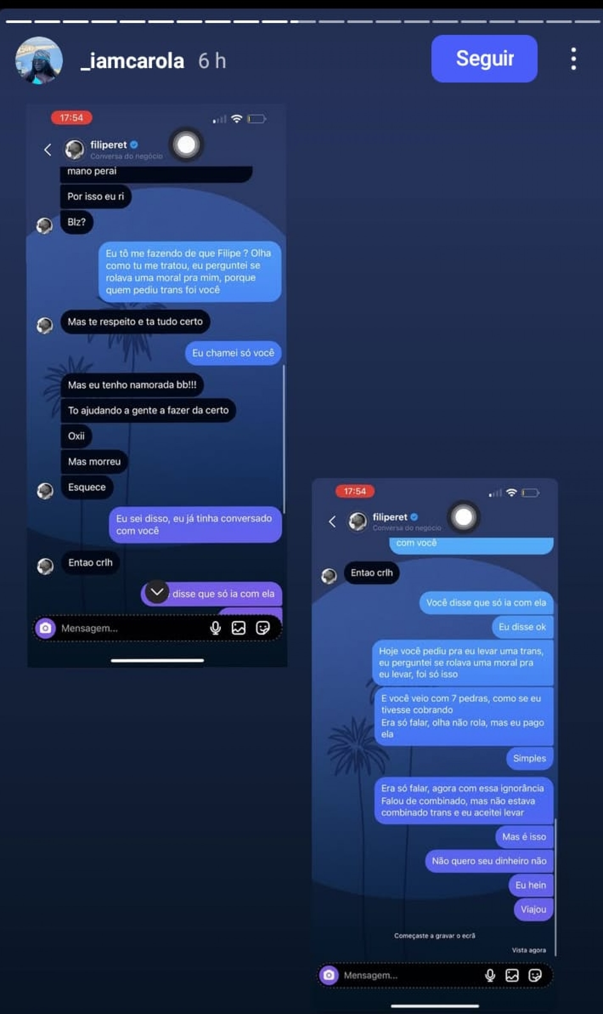 Os prints foram compartilhados pela modelo no próprio Instagram - Reprodução/Instagram