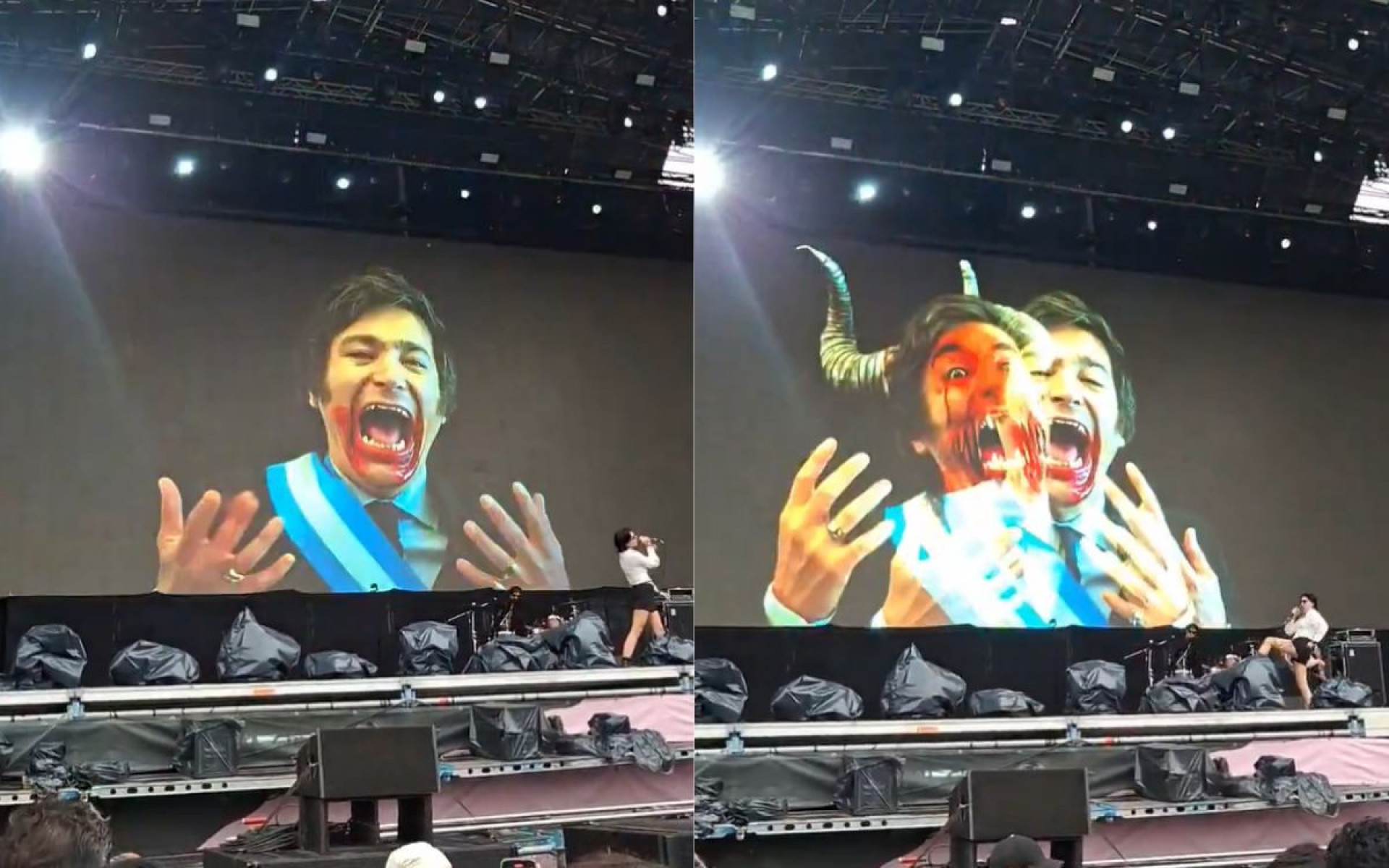 Banda Dum Chica transforma presidente da Argentina, Javier Milei, em demônio no Lollapalooza - Reprodução / X