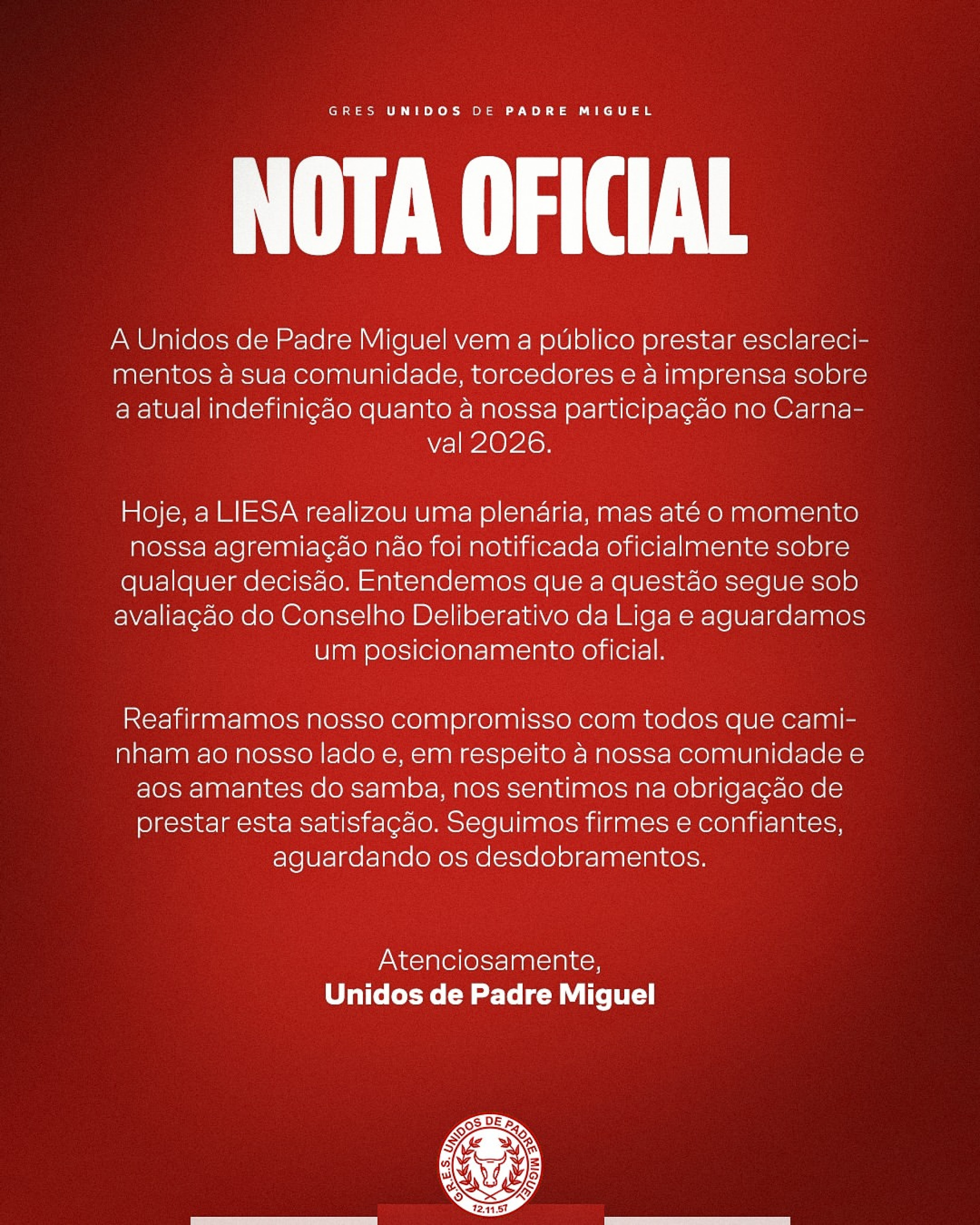 Nota oficial divulgada pela Unidos de Padre Miguel 