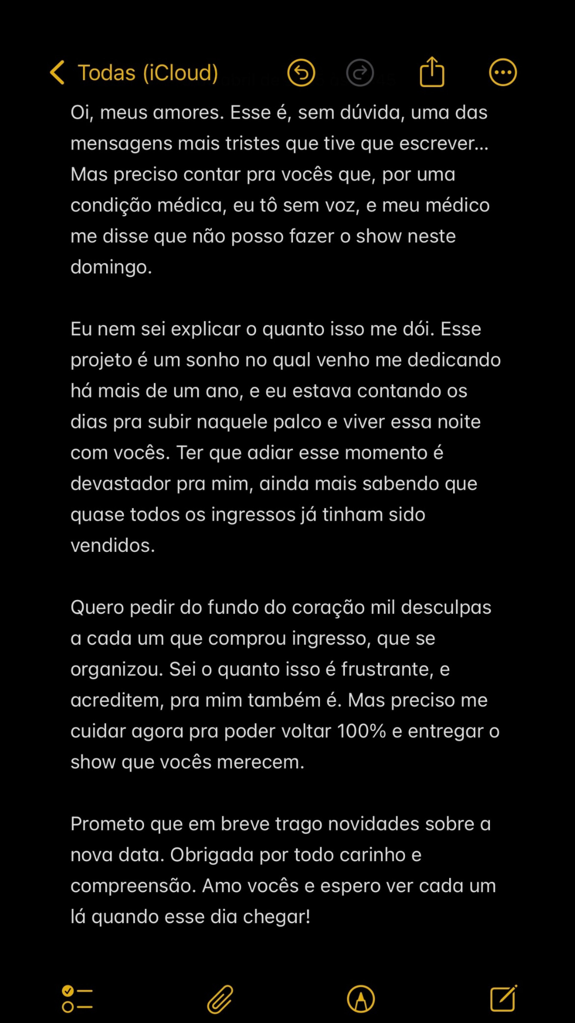 Comunicado divulgado por Cleo sobre cancelamento de show  - Reprodução/Instagram 