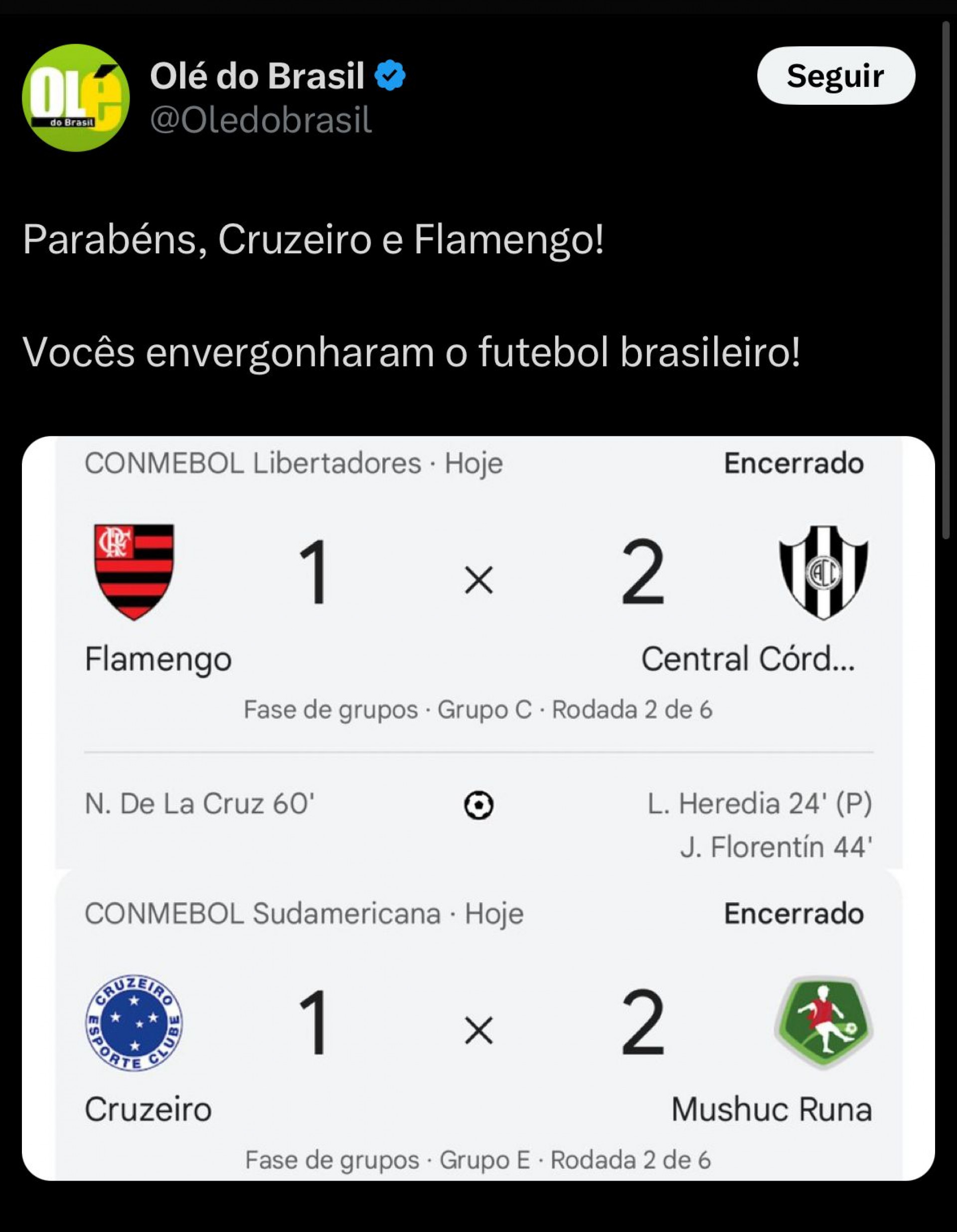 Flamengo e Cruzeiro decepcionaram nesta quarta-feira (9) - Reprodução