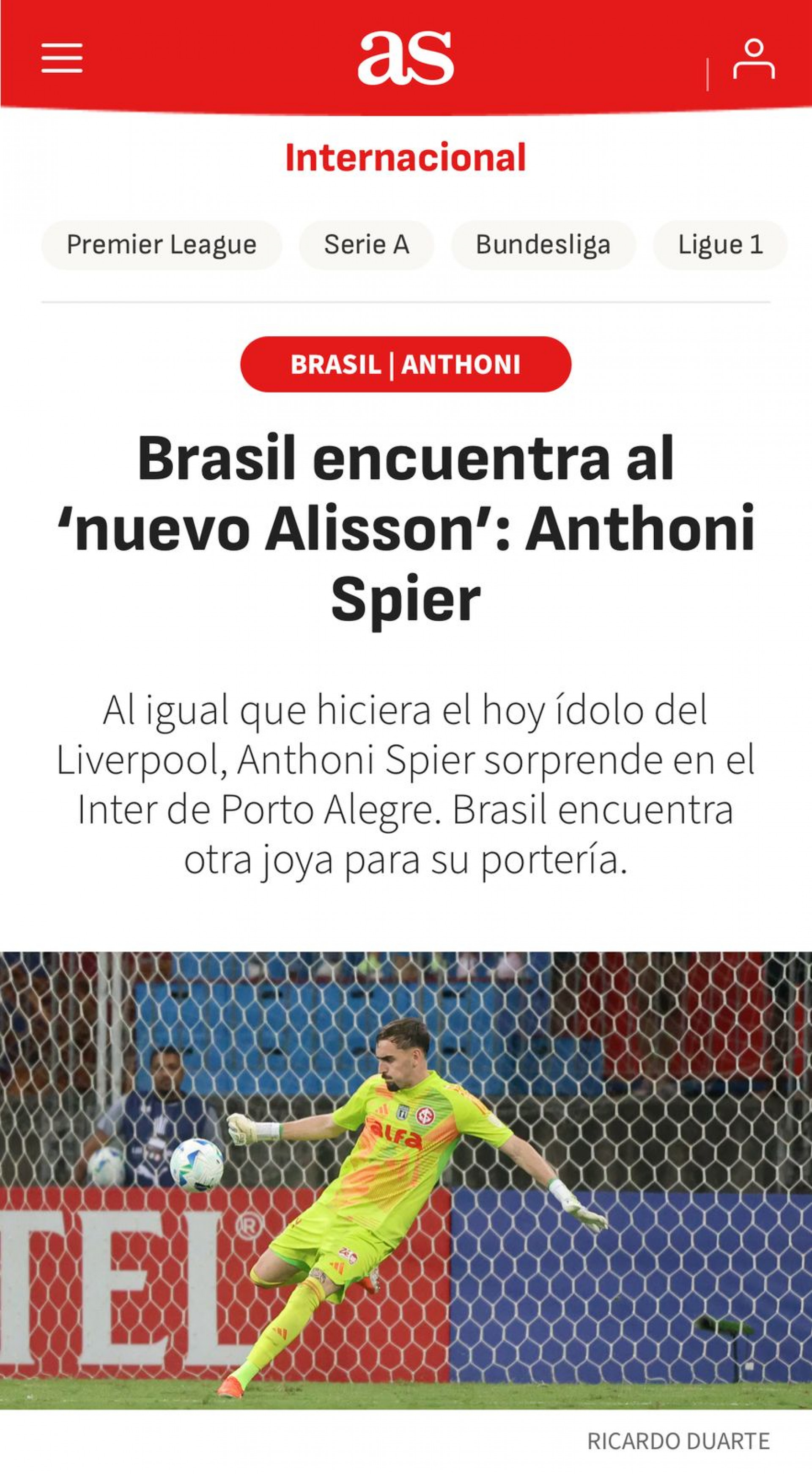 Mat&eacute;ria do 'AS' sobre o goleiro brasileiro Anthoni - Reprodu&ccedil;&atilde;o/AS