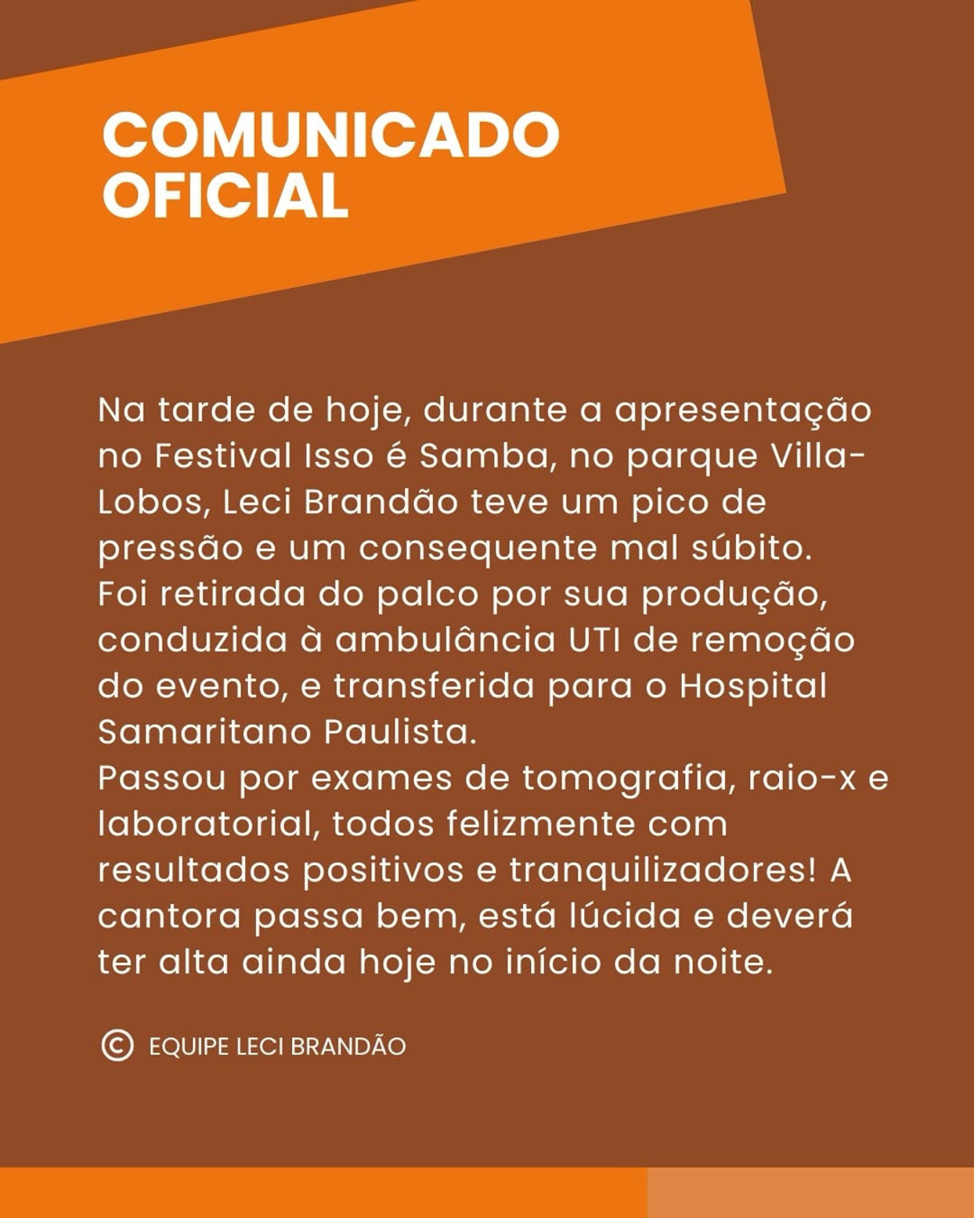 Comunicado sobre estado de saúde da cantora Leci Brandão - Reprodução/Instagram