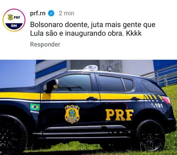 Perfil da PRF do RN faz críticas a Lula e elogios a Bolsonaro