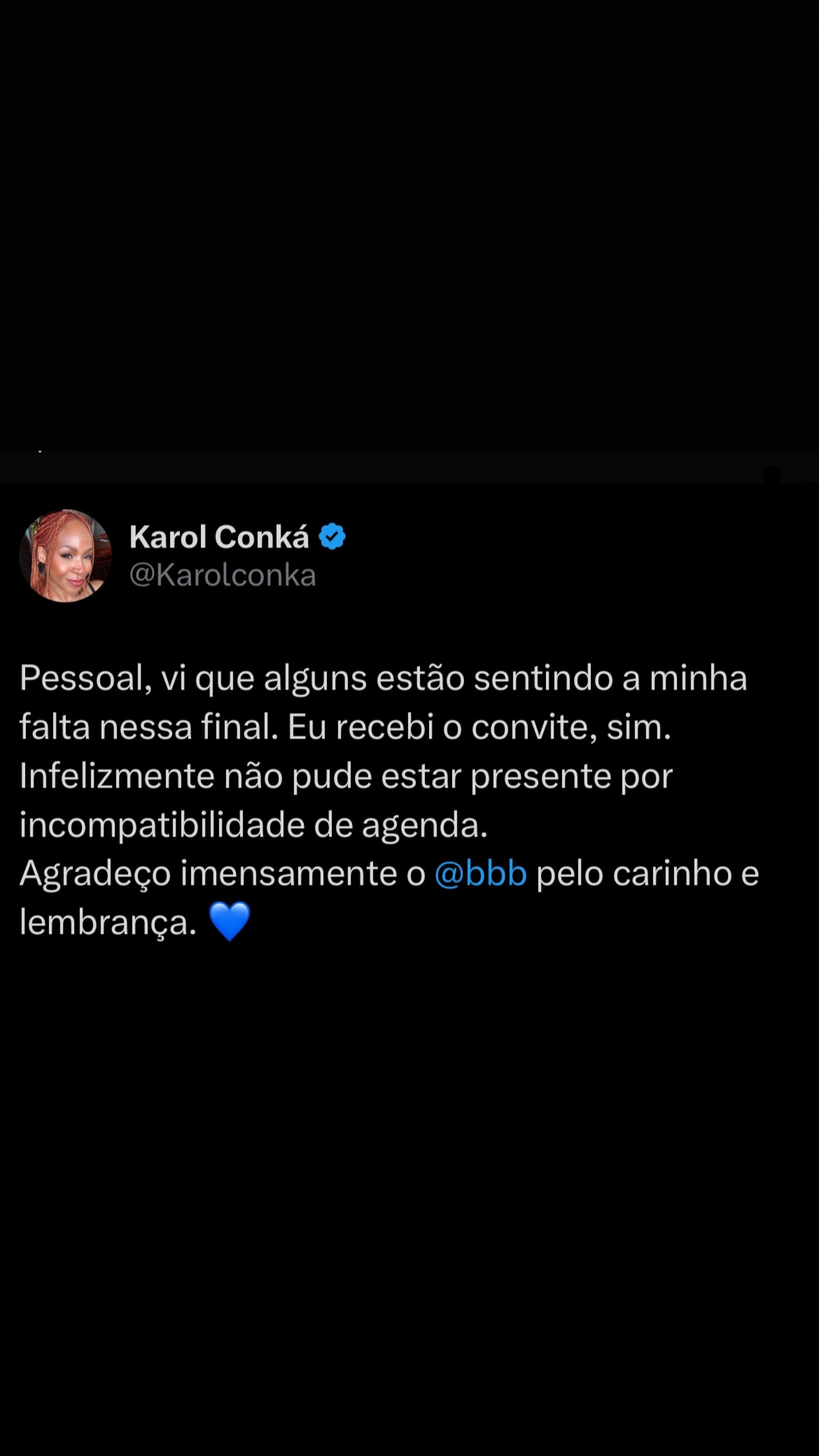Karol Conká explicou ausência na final do reality show  - Reprodução/Instagram