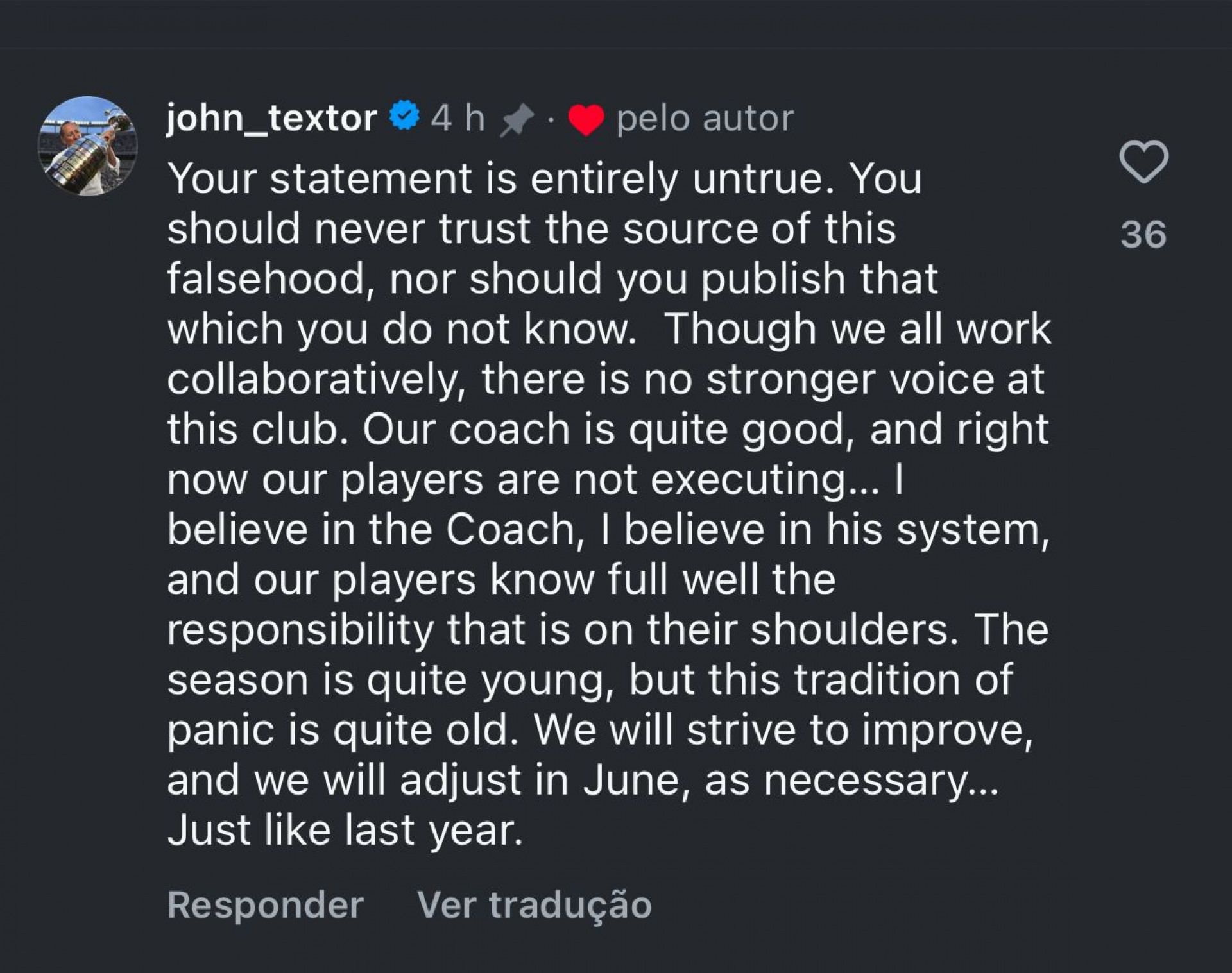 Comentário de John Textor no Instagram - Reprodução/Instagram