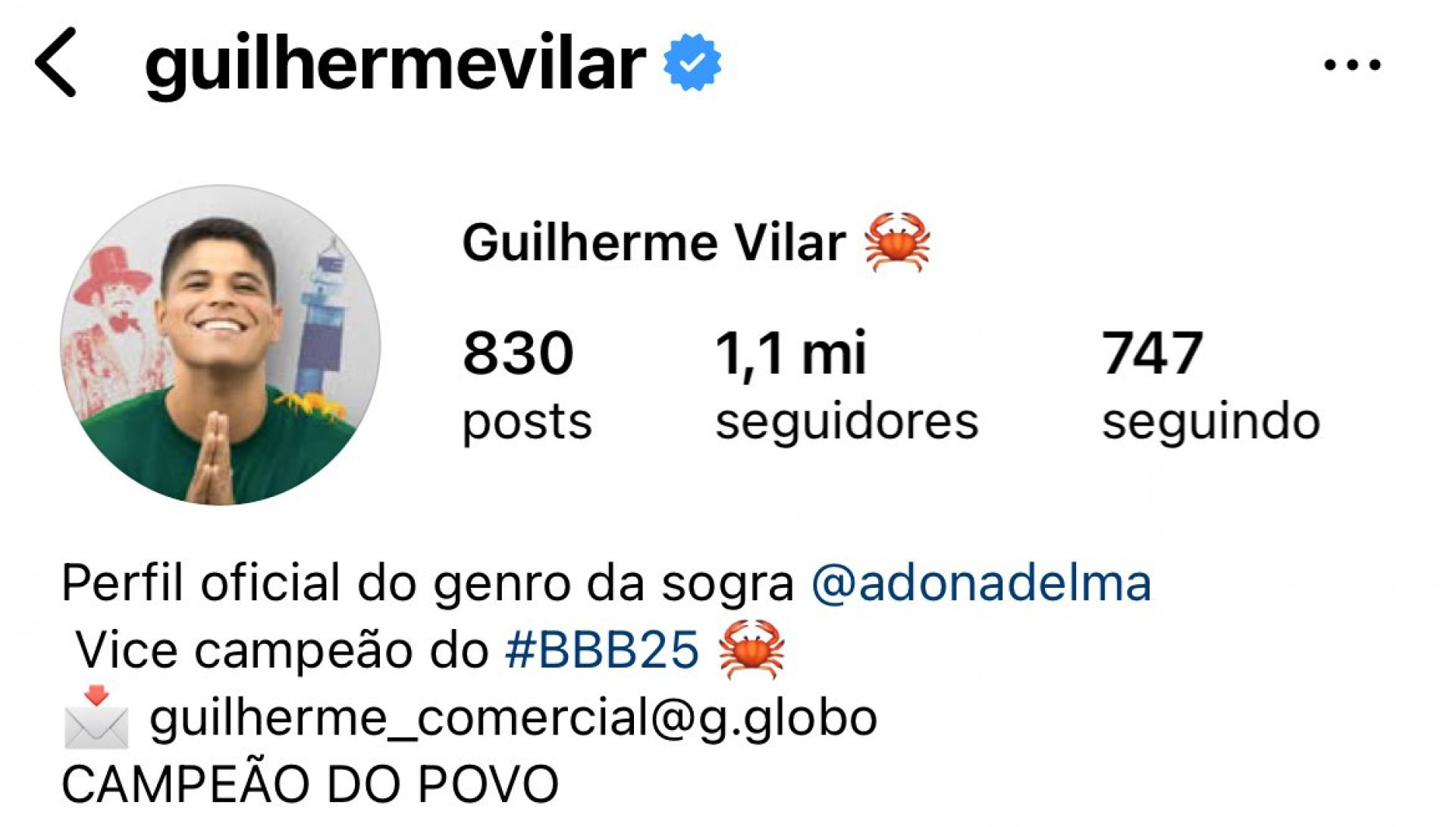 Guilherme se intitulou campeão do povo em sua bio do Instagram - Reprodução / Instagram