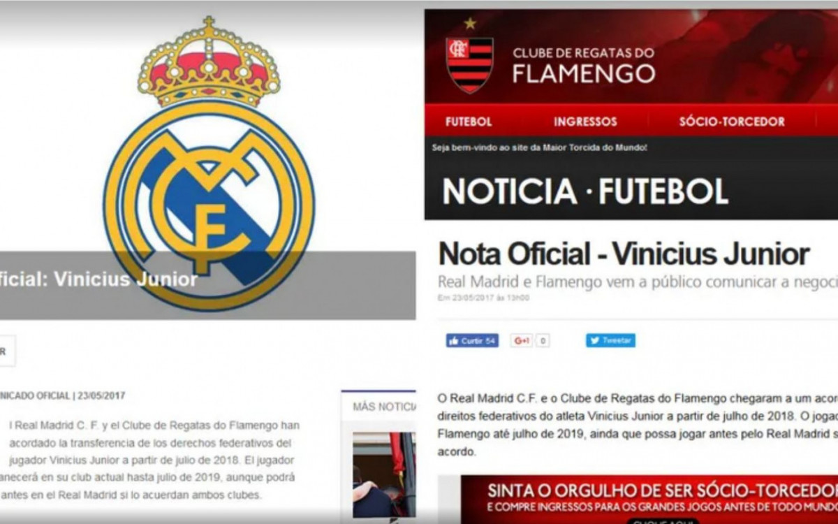 Nota Oficial conjunta entre Real Madrid e Flamengo sobre a venda de Vini Jr em 2017