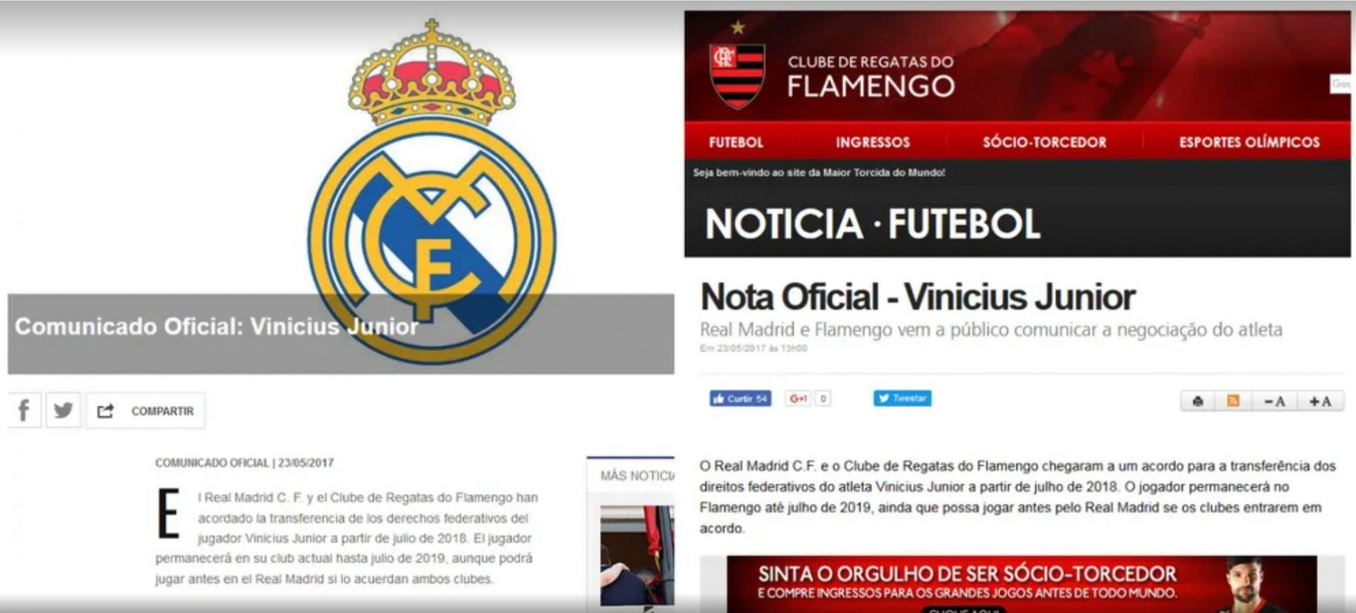 Nota Oficial conjunta entre Real Madrid e Flamengo sobre a venda de Vini Jr em 2017 - Reprodu&ccedil;&atilde;o