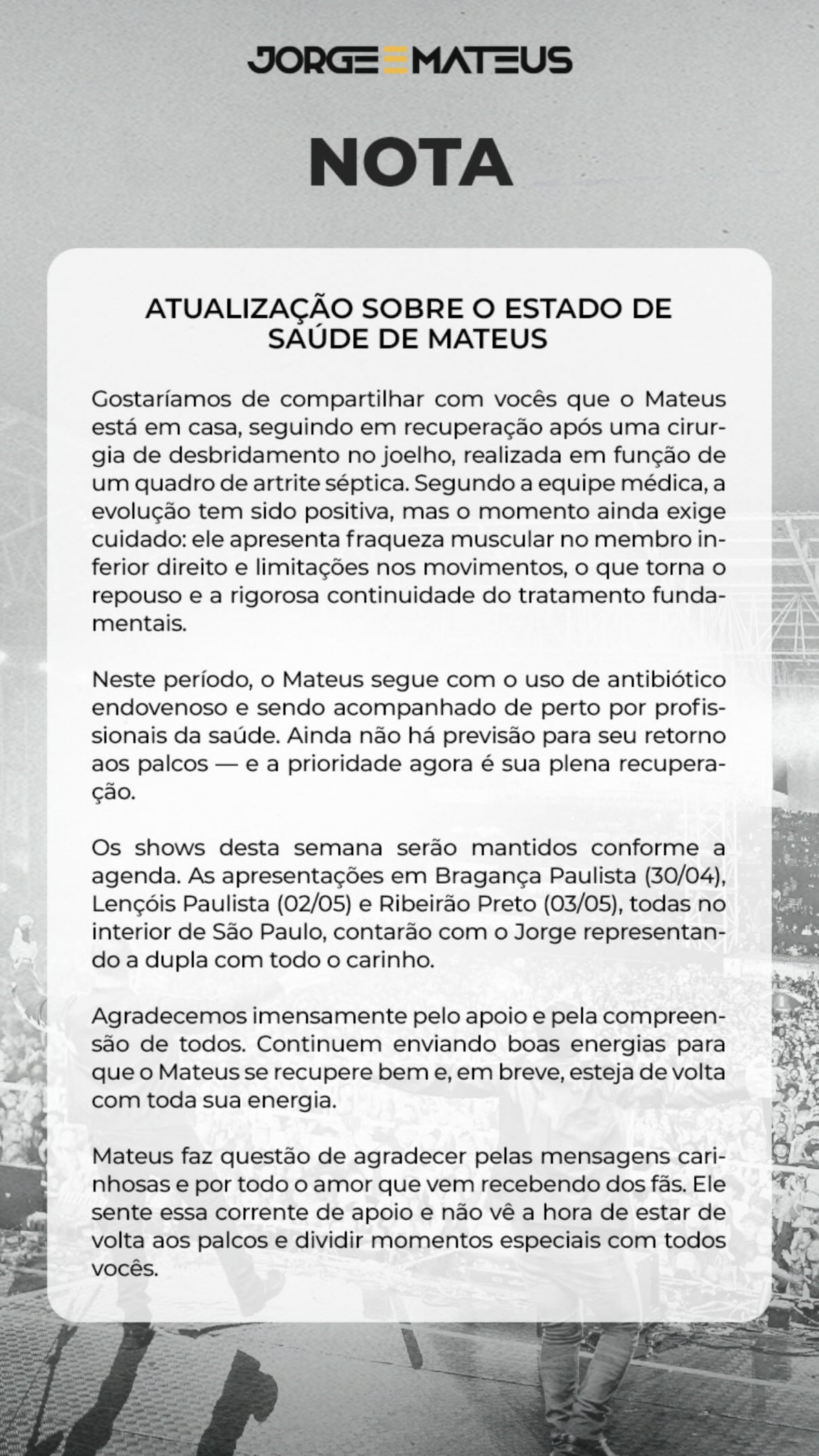 Estado de saúde de Mateus foi atualizado em comunicado nas redes sociais - Reprodução/Instagram