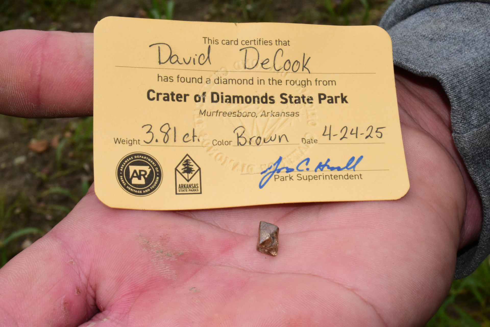 Homem voltou alguns dias depois para que o parque pudesse registrar o diamante - Reprodução/Parque Estadual do Arkansas