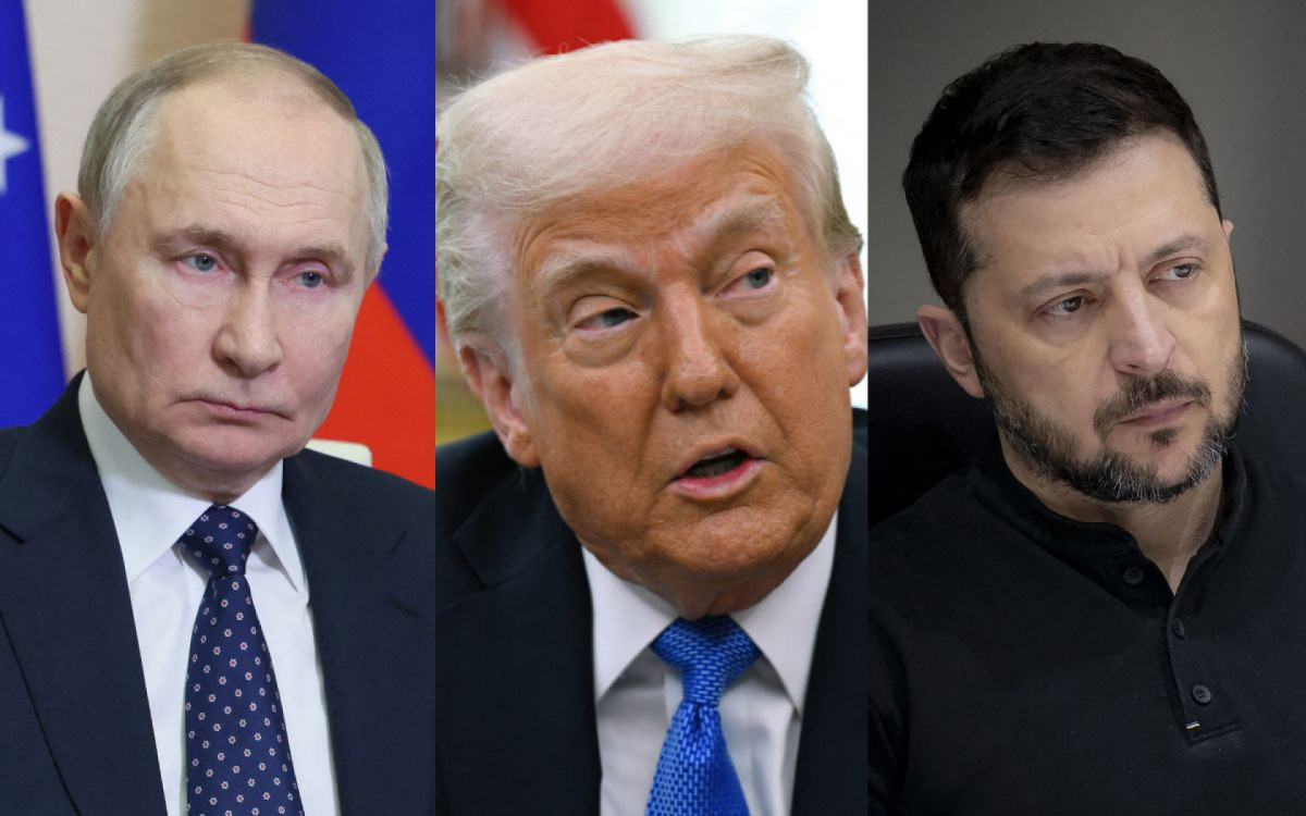 Vladimir Putin, Donald Trump e Volodymyr Zelensky, presidentes da Rússia, Estados Unidos e Ucrânia, respectivamente 
