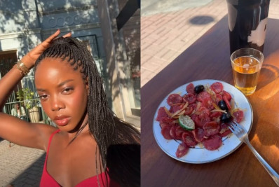 Clara Moneke brinca com comida cenográfica nos bastidores de novela