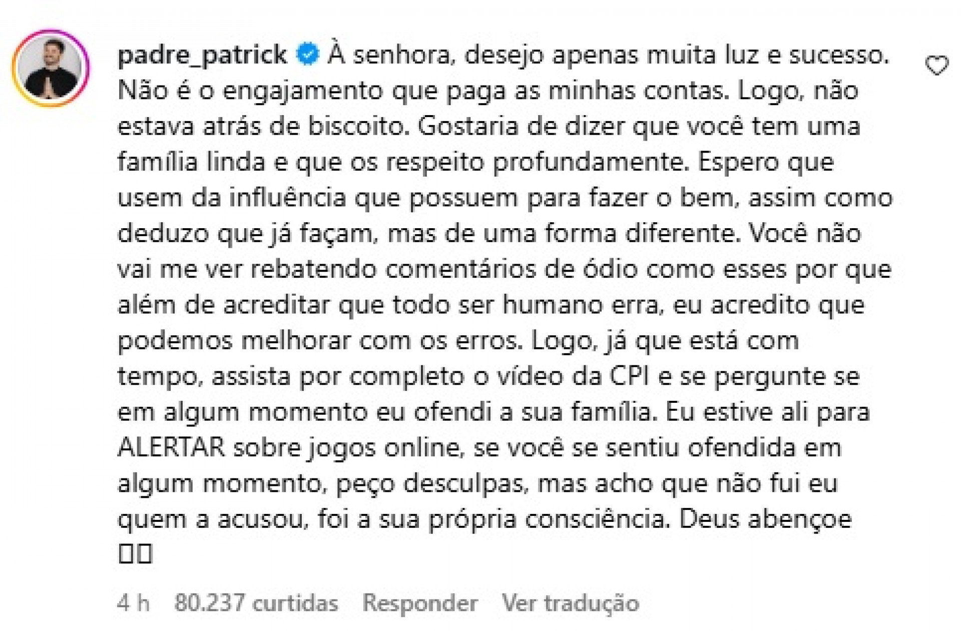 Padre Patrick respondeu mãe de Virginia sobre participação na CPI - Reprodução/Instagram