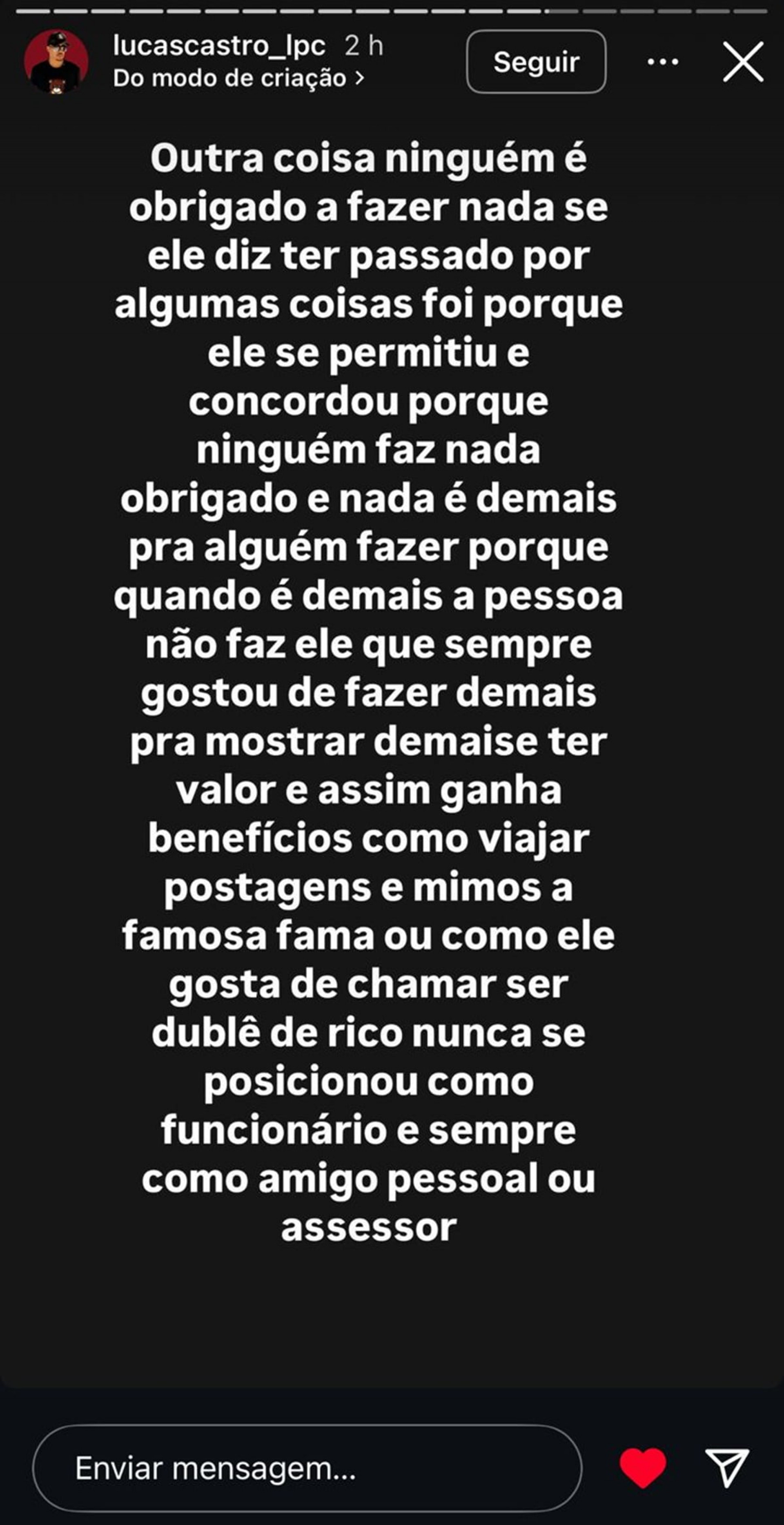 Print tirado do perfil de Lucas Castro - Reprodução/Instagram