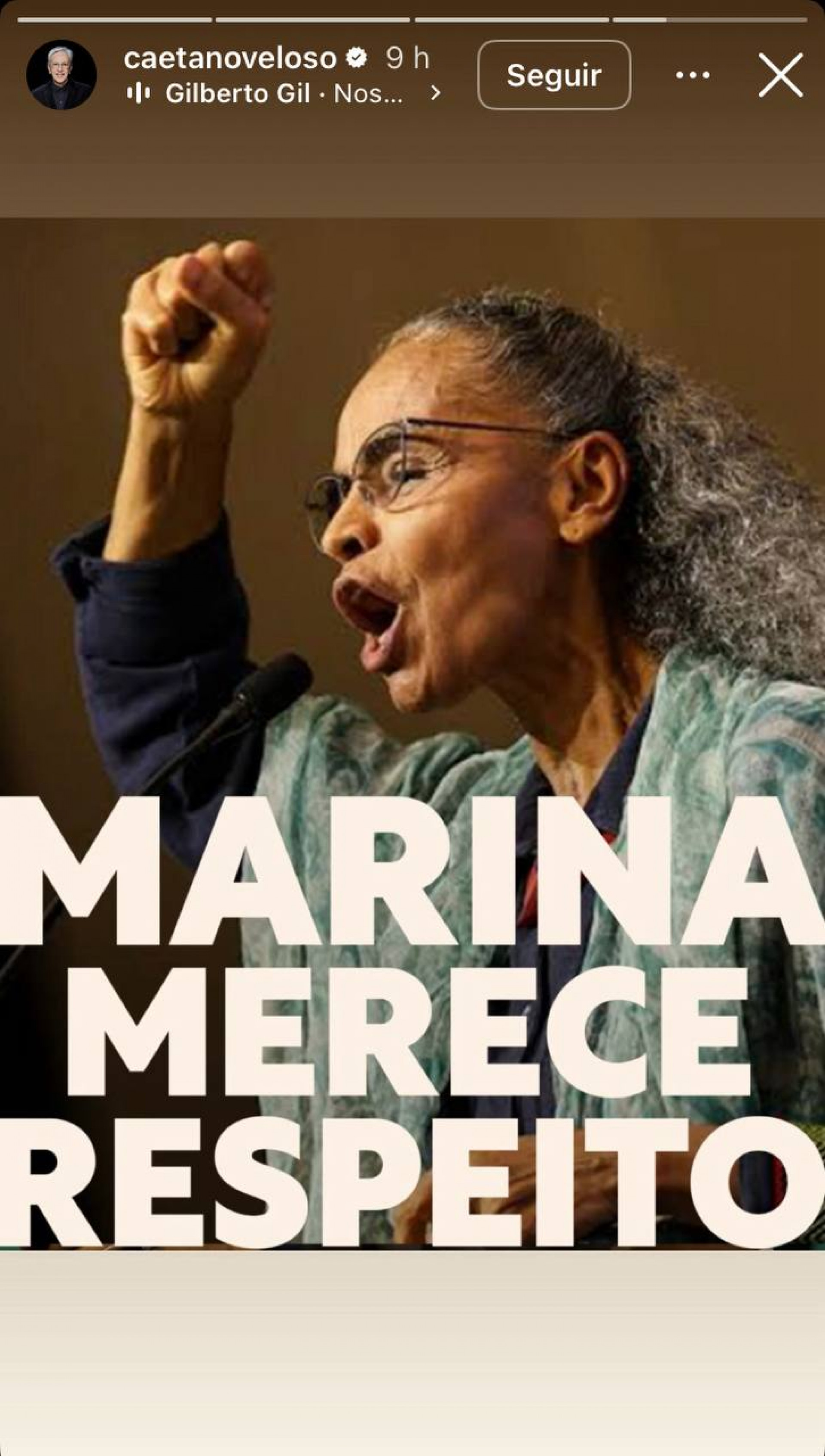 Caetano Veloso publicou uma imagem da ministra com a mensagem 'Marina Silva Merece Respeito' - Reprodução/redes sociais
