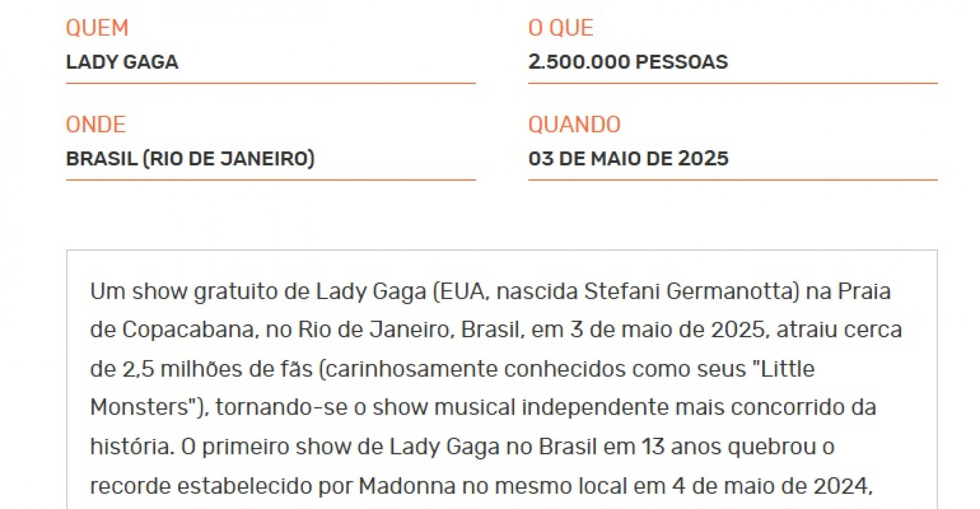 Lady Gaga detém recorde de maior público em show gratuito de artista feminina - Reprodução/Guinness Book