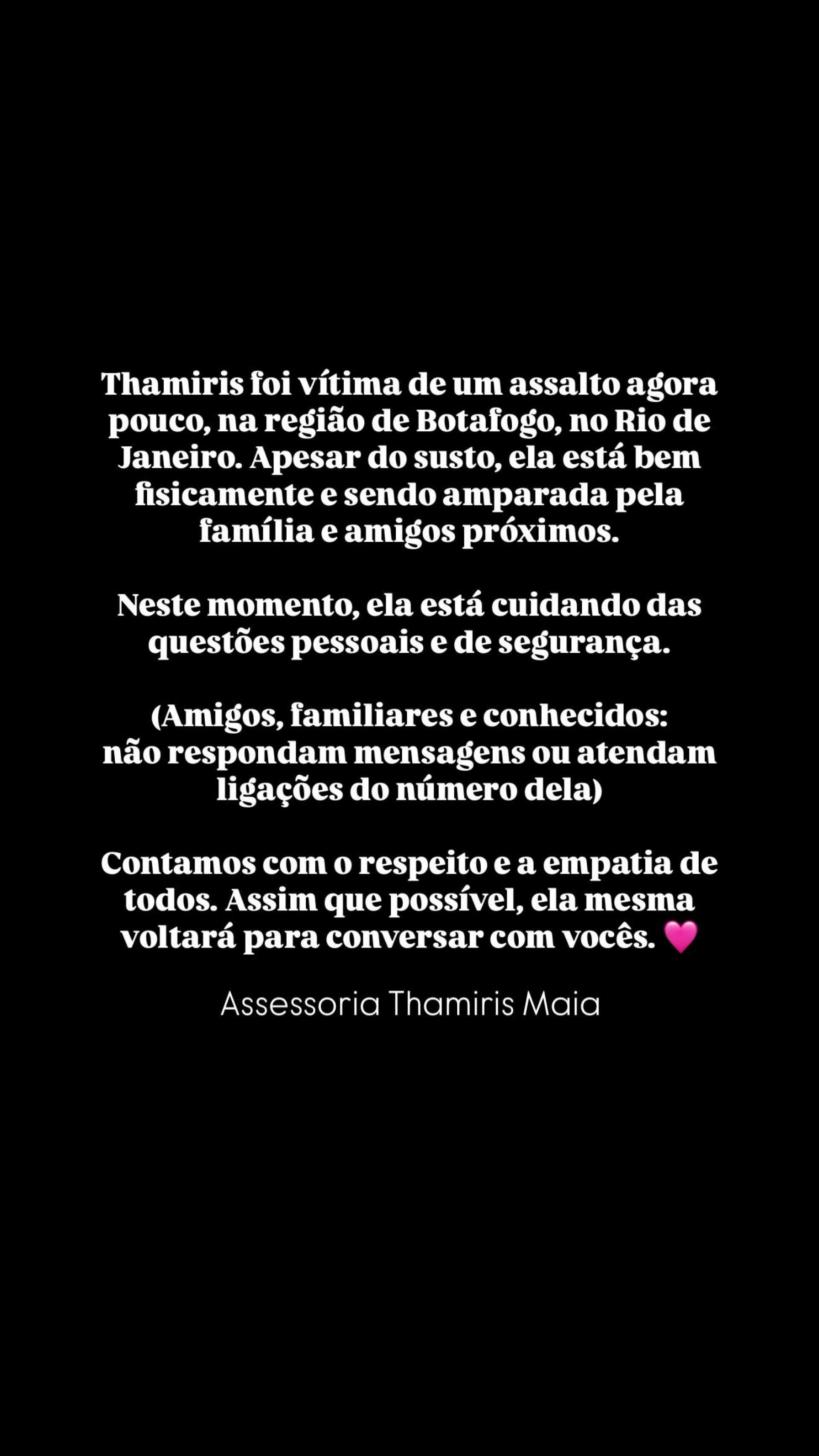 Ex-BBB Thamiris Maia é assaltada na Zona Sul do Rio
- Reprodução / Instagram