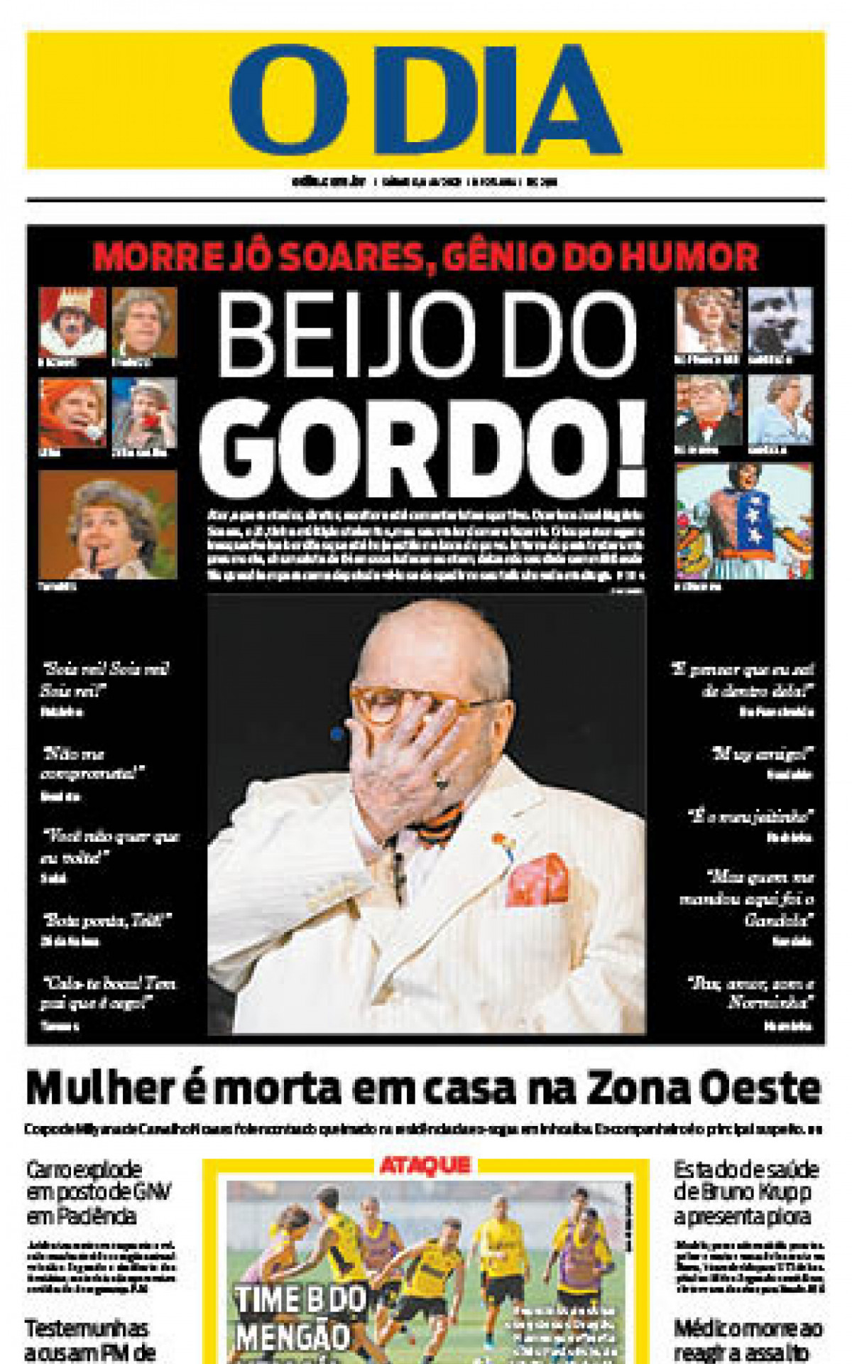 Capa que noticiou a morte do humorista J&ocirc; Soares em dezembro de 2022 - Arquivo / Ag&ecirc;ncia O Dia 